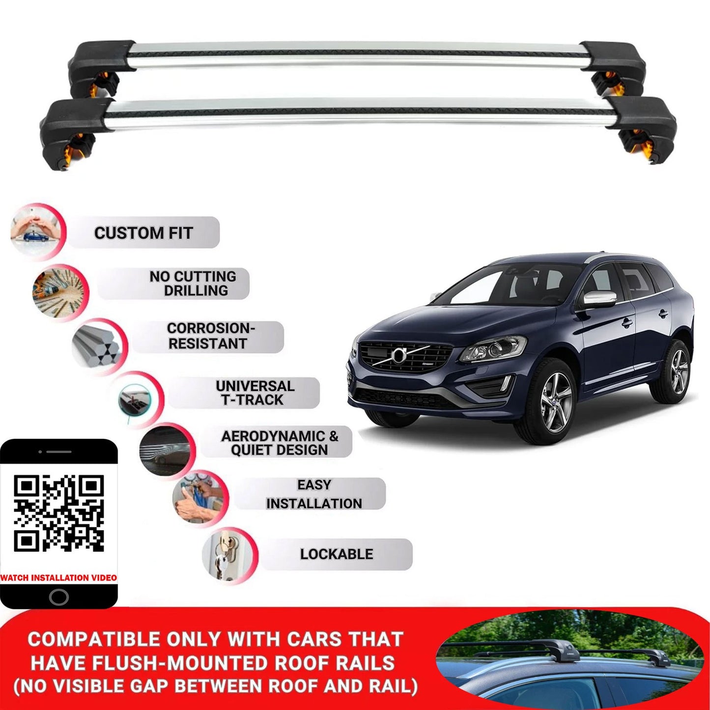 Premium Roof Bars For Volvo Xc60 Suv 2008-2017 Secure Roof Rack Cross Bar 2 Pcss Secure Grey