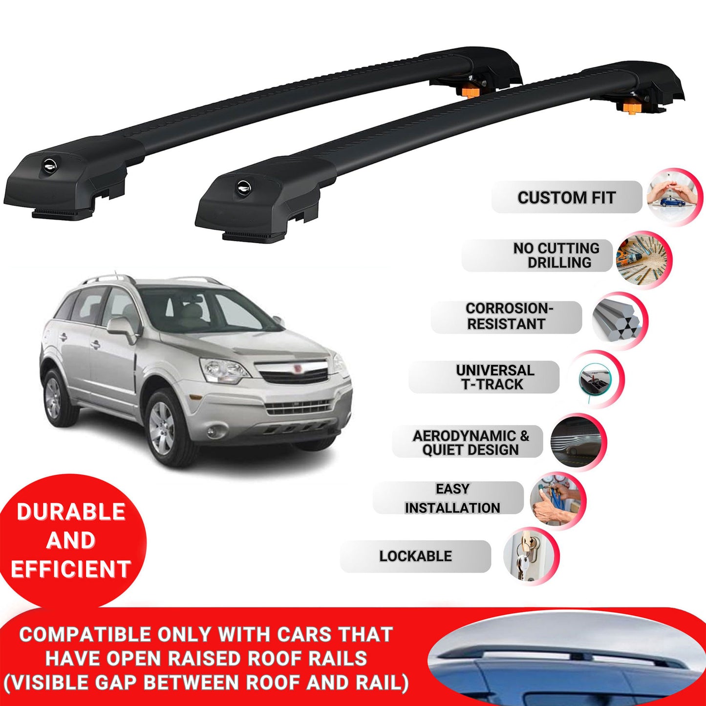 Roof Bar for Saturn Vue 2008-2010 Lockable Roof Rack Cross Bars 2 Pcs Black