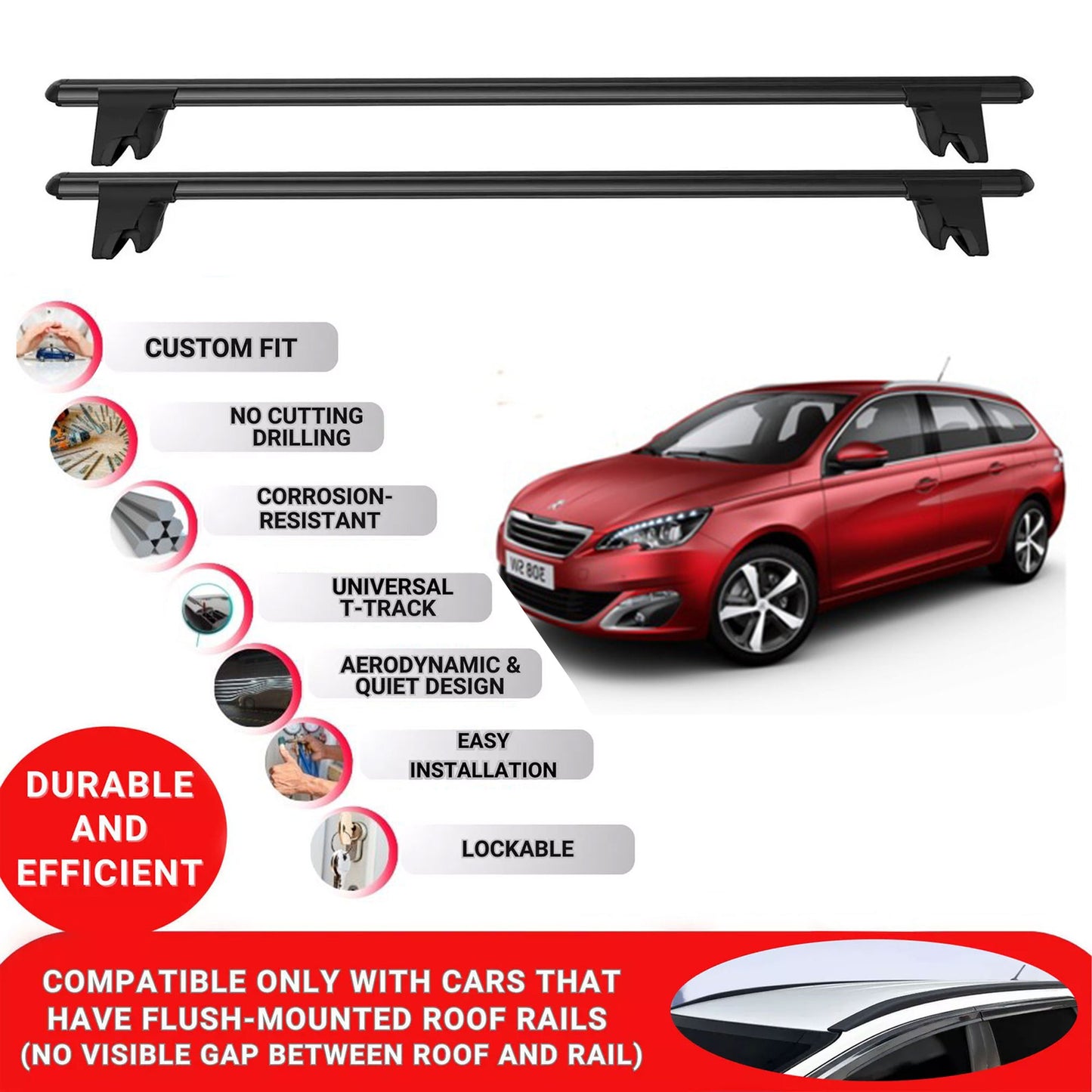 Premium Roof Bars for Peugeot 308 Station 2013-2021 Roof Rack Cross Bars 2 Pcs Black
