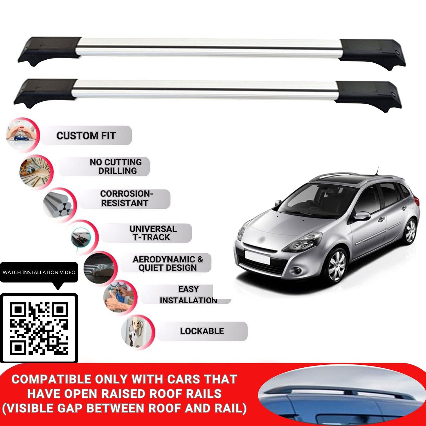 Roof Rack Cross Bars for Renault Clio 3 2006-2012 Lockable Roof Bars 2 Pcs Grey