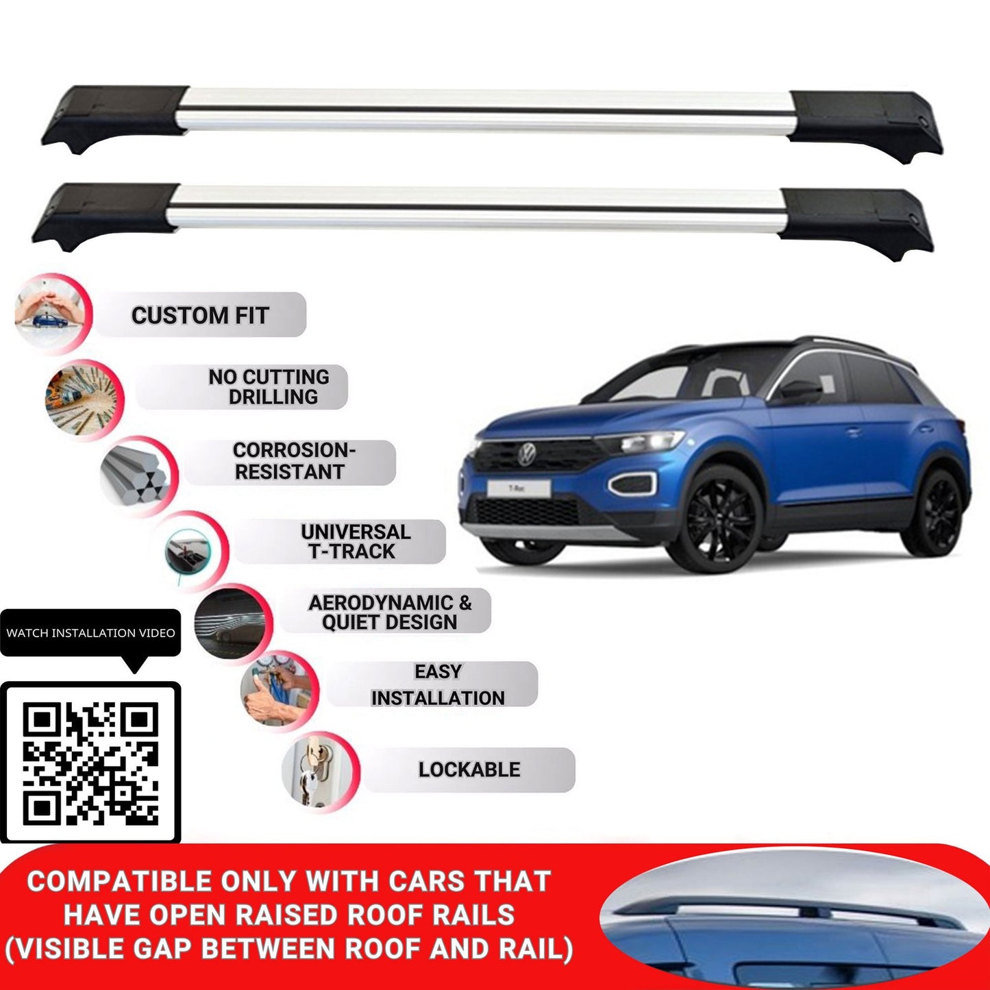 Roof Rack Cross Bars for Vw T-Roc 2018+ Lockable Roof Bars 2 Pcs Grey