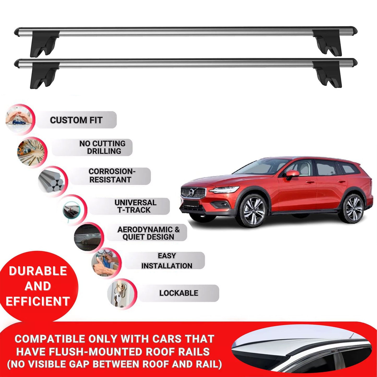 Premium Roof Bars for Volvo V60 Cross 2019 Onwards Roof Rack Cross Bars 2 Pcs Grey