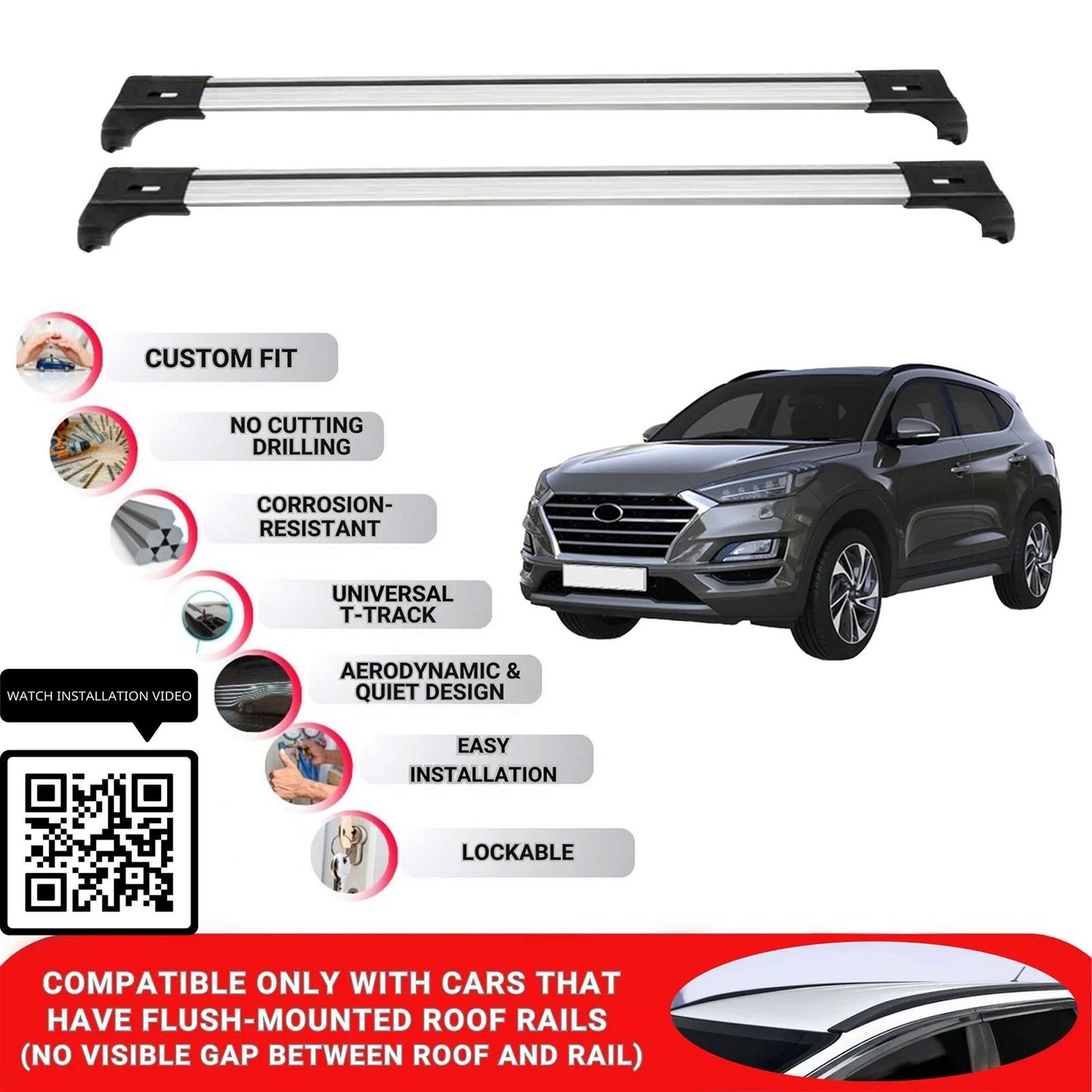 Roof Bars for Hyundai Tucson 2015-2021 Lockable Roof Rack Cross Bars 2 Pcs Grey