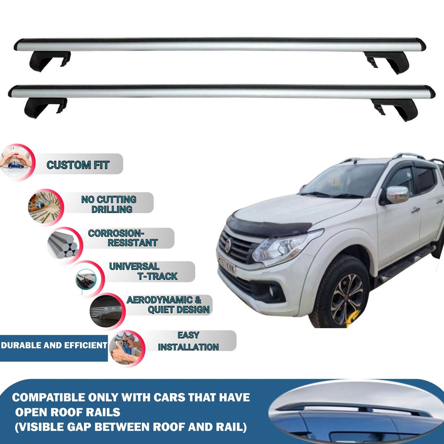 Roof Rack Cross Bars for Fiat Fullback 2016-2019 Rail Carrier for Roof Tents 2 Pcs Grey