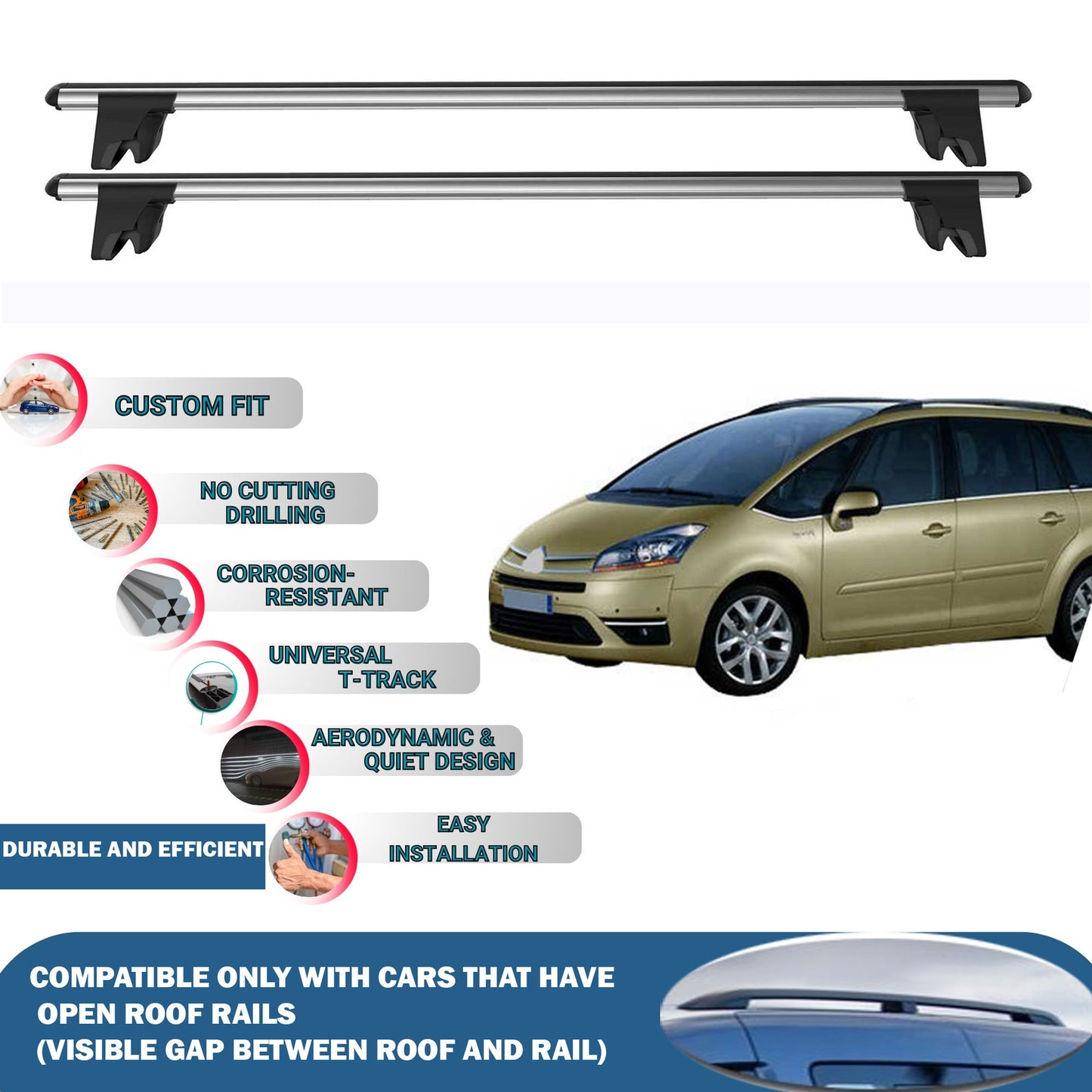 Lockable Roof Rack Cross Bars for Citroen C4 Grand Picasso 2006-2013 | Heavy Duty Rail Carrier 2 Pcs Grey