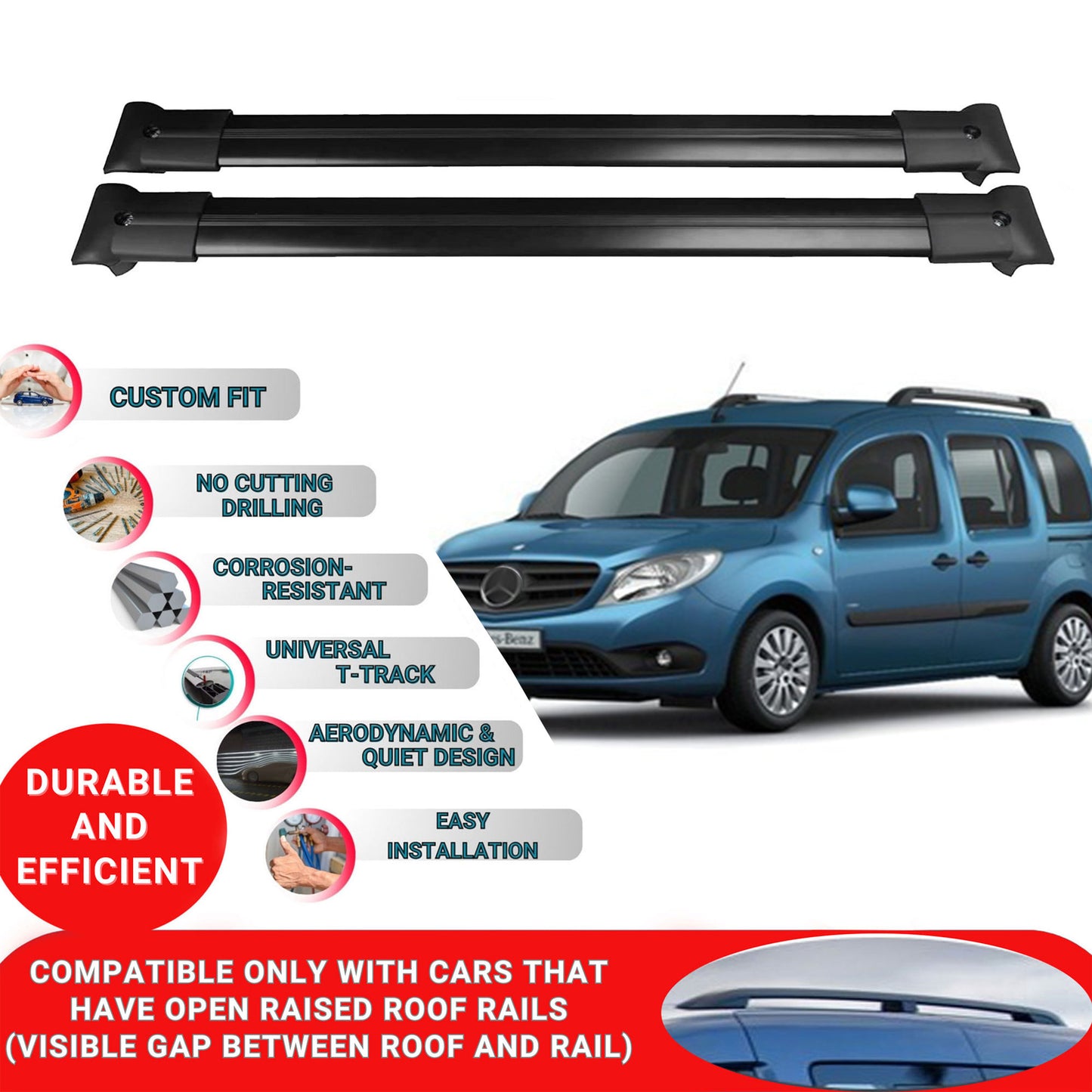 Roof Racks Cross Bars For Mercedes Citan 2013-2020 2 Pcs Black