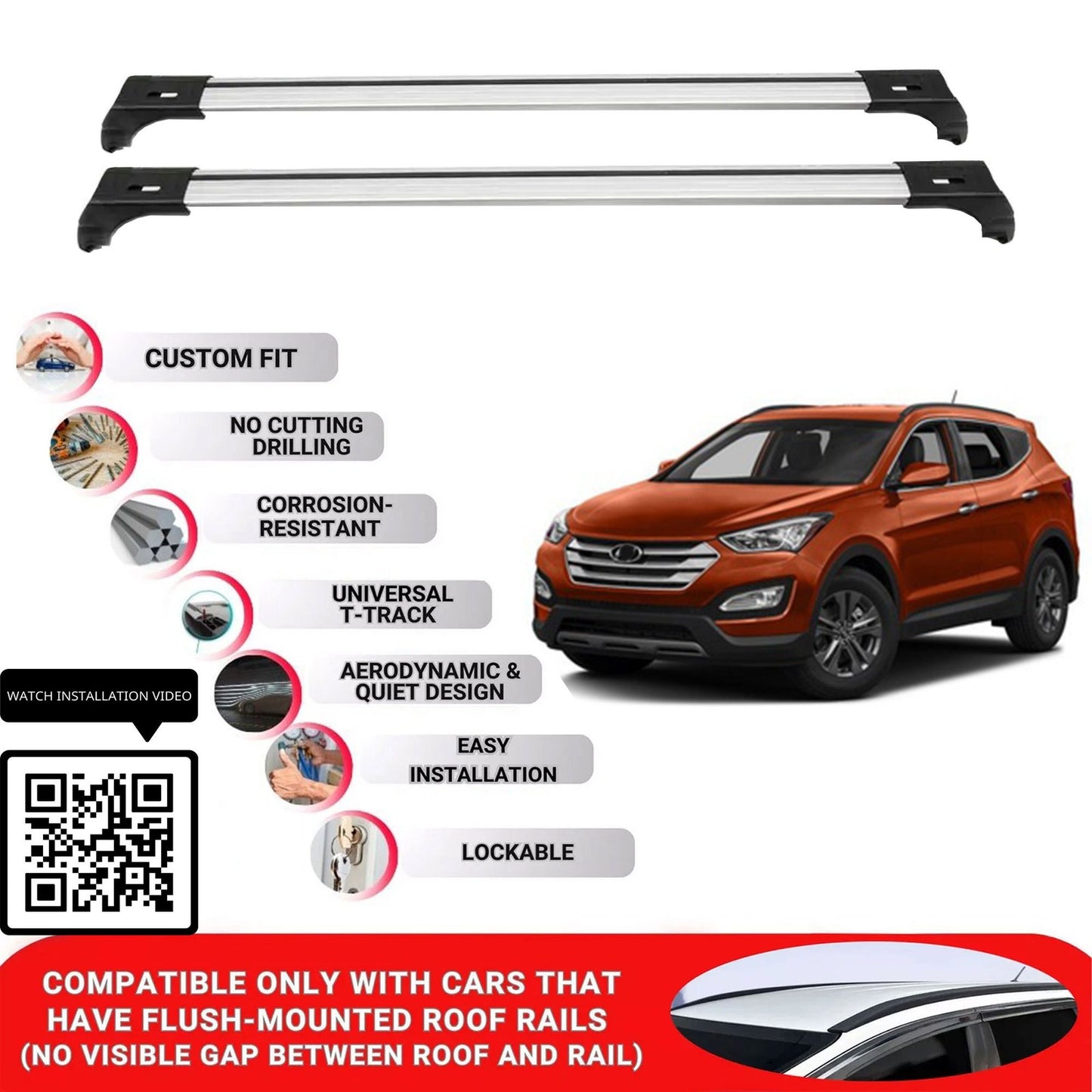 Roof Bars for Hyundai Santafe Sports 2013-2018; Roof Rack Cross Bars 2 Pcs Grey