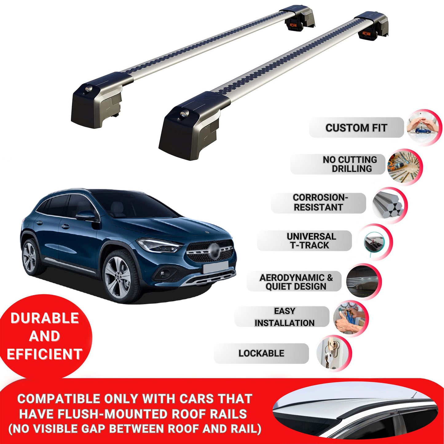 Roof Bars Rack for Mercedes-Benz Gla-Class H247 2020+ Lockable Rail Carrier 2 Pcs Grey