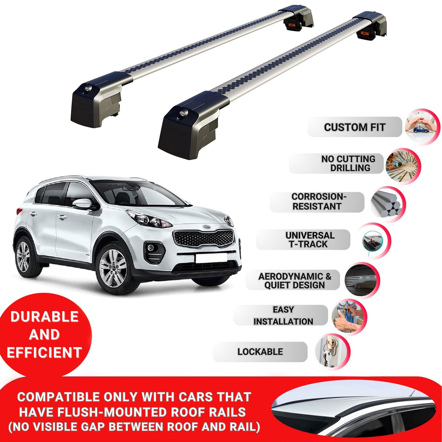 Roof Bars Rack for Kia Sportage (QL) 2016-2021 Lockable Rail Carrier 2 Pcs Grey