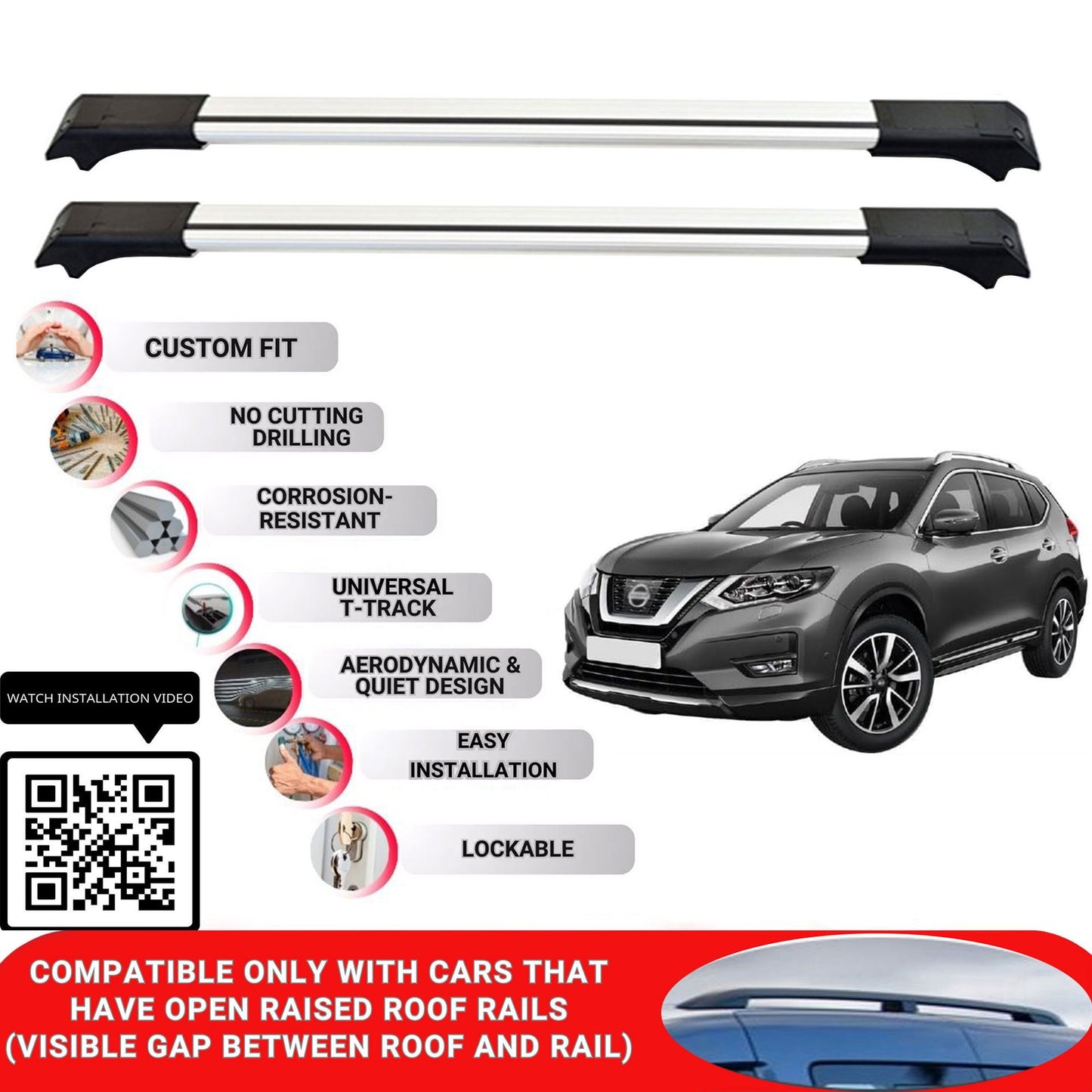 Roof Rack Cross Bars for Nissan X Trail 2014-2021 Lockable Roof Bars 2 Pcs Grey