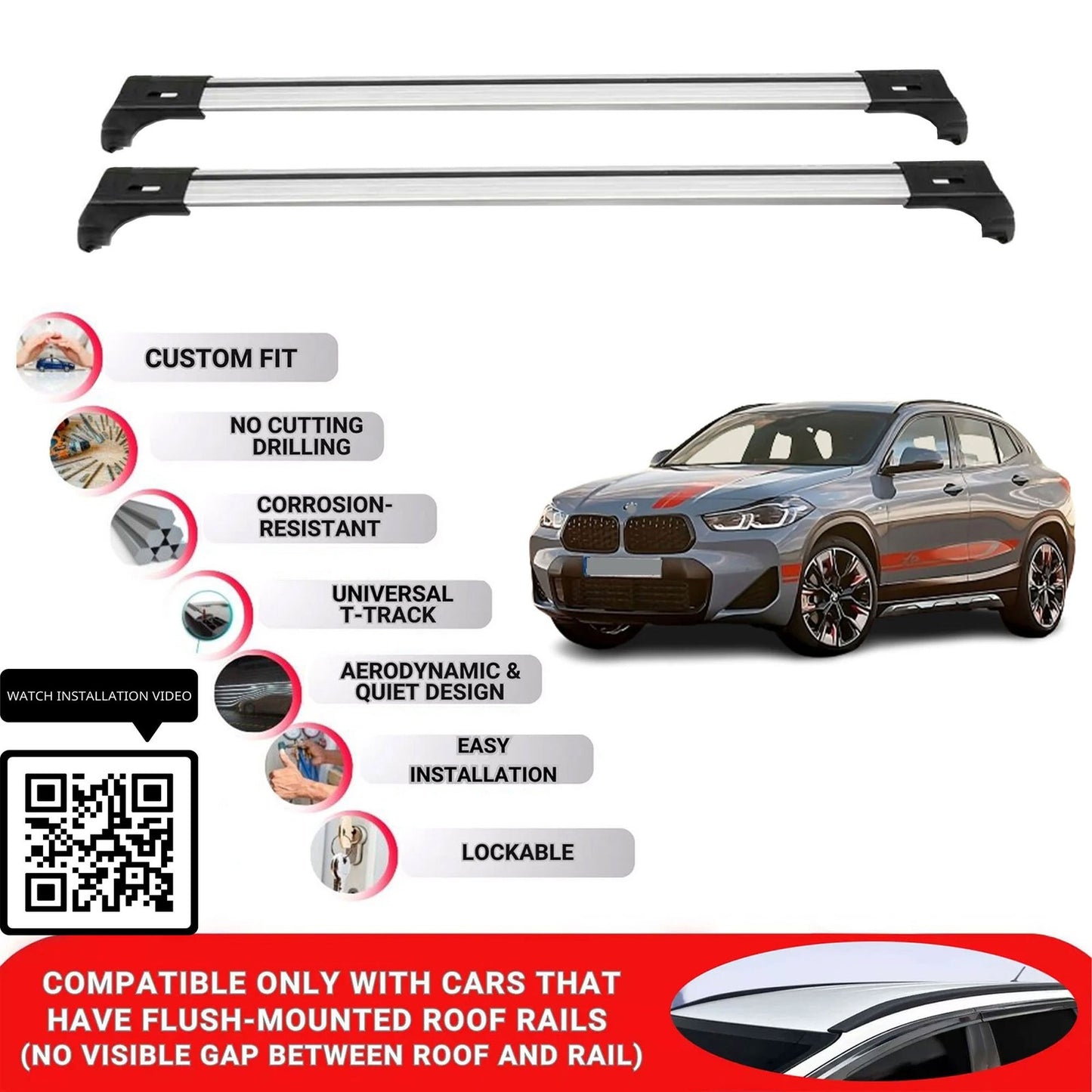 Roof Bars for Bmw X2 F39 2018-2023 Lockable Roof Rack Cross Bars 2 Pcs Grey