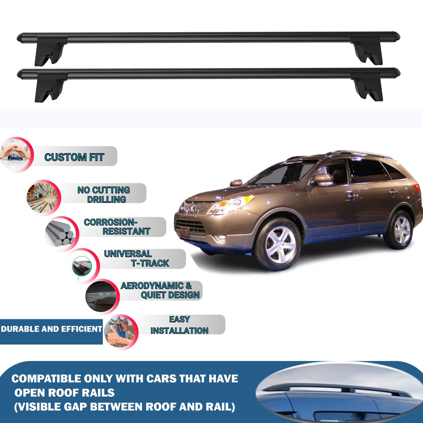 Lockable Roof Rack Cross Bars for Hyundai Ix55 Veracruz 2007-2015 | Heavy Duty Rail Carrier 2 Pcs Black