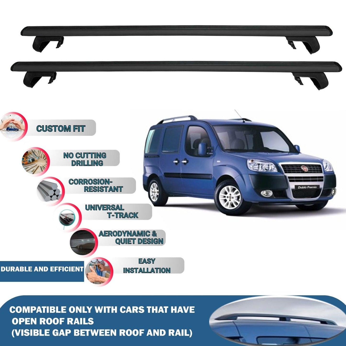 Roof Rack Cross Bars for Fiat Doblo Cargo 2000-2009 Rail Carrier for Roof Tents 2 Pcs Black