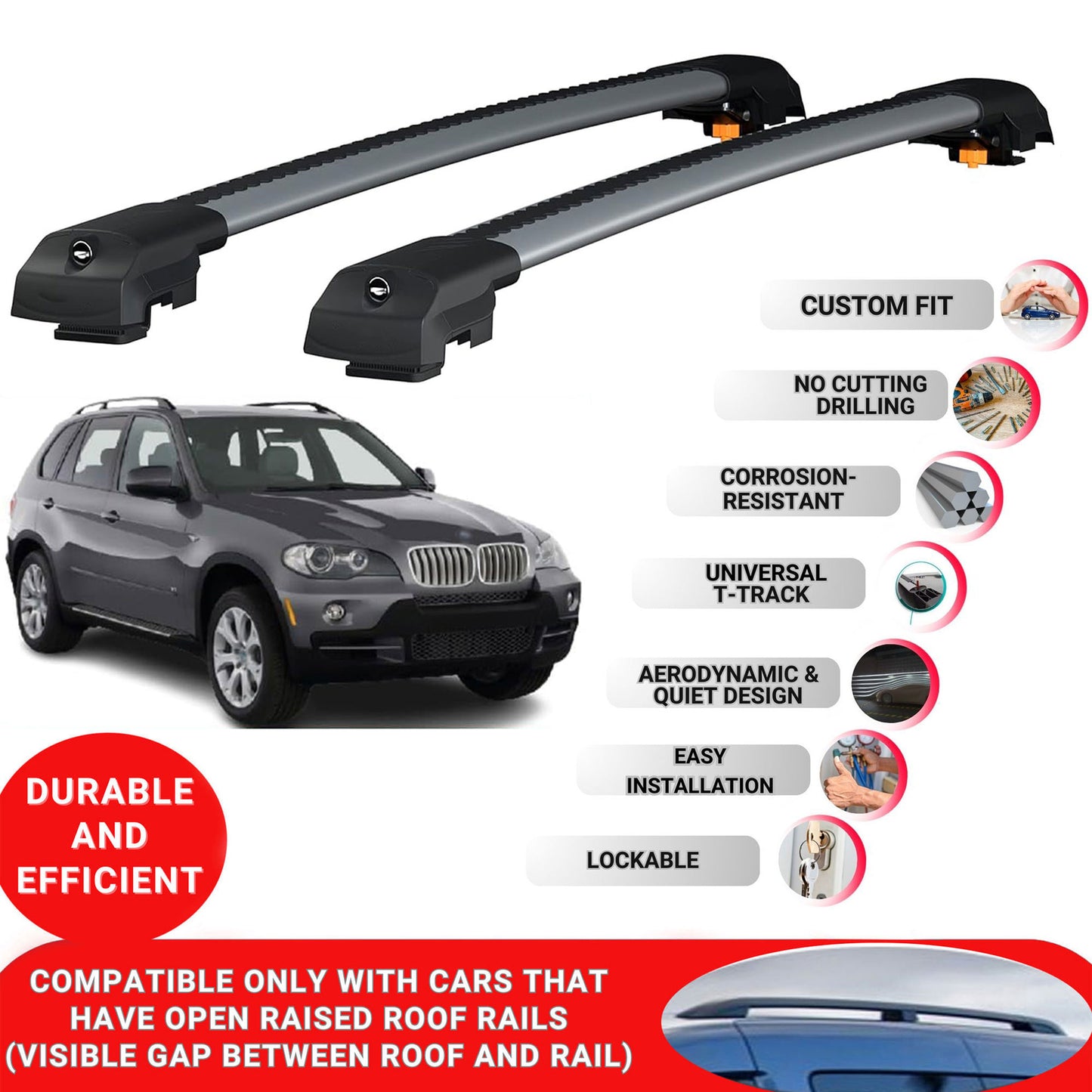 Roof Bar for Bmw X5 (E70) 2004-2013 Lockable Roof Rack Cross Bars 2 Pcs Grey