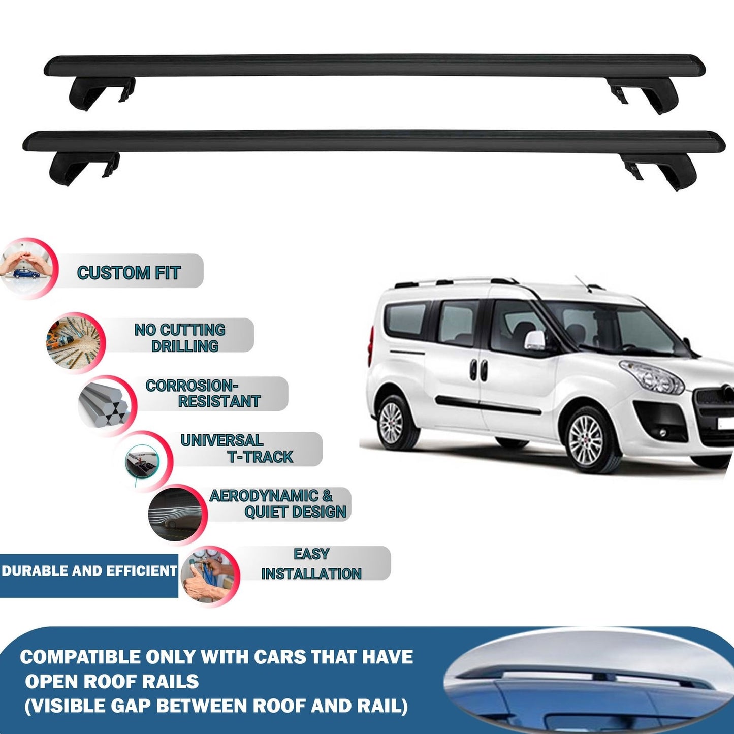 Roof Rack Cross Bars for Fiat Doblo 2010-2023 Rail Carrier for Roof Tents 2 Pcs Black