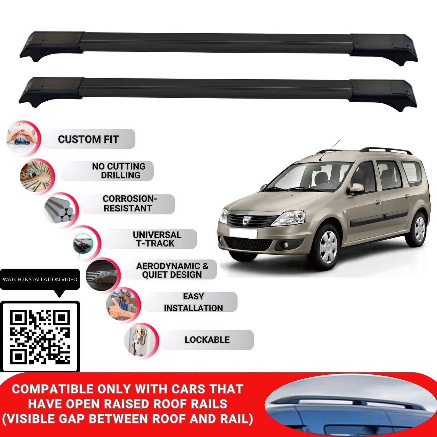 Roof Rack Cross Bars for Dacia Logan 2007-2012 Lockable Roof Bars 2 Pcs Black
