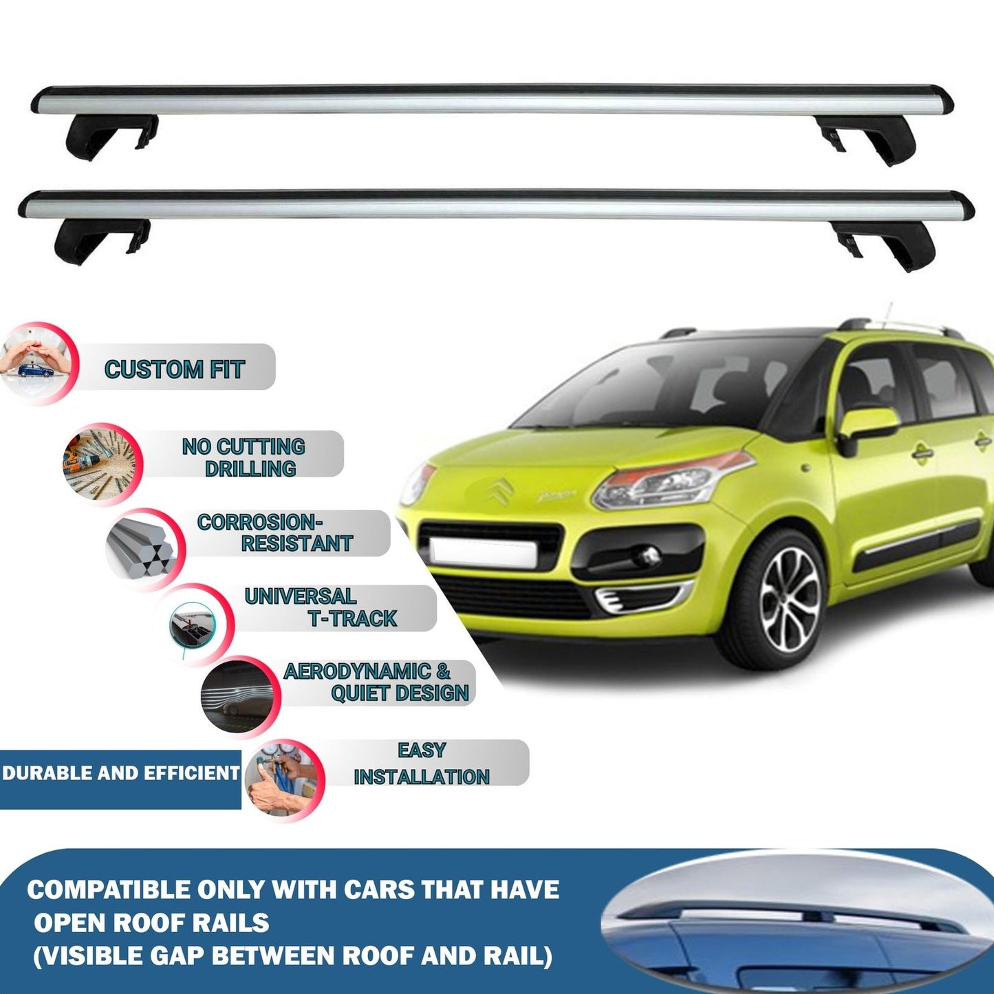 Roof Rack Cross Bars for Citroen C3 Picasso 2009-2012 Rail Carrier for Roof Tents 2 Pcs Grey