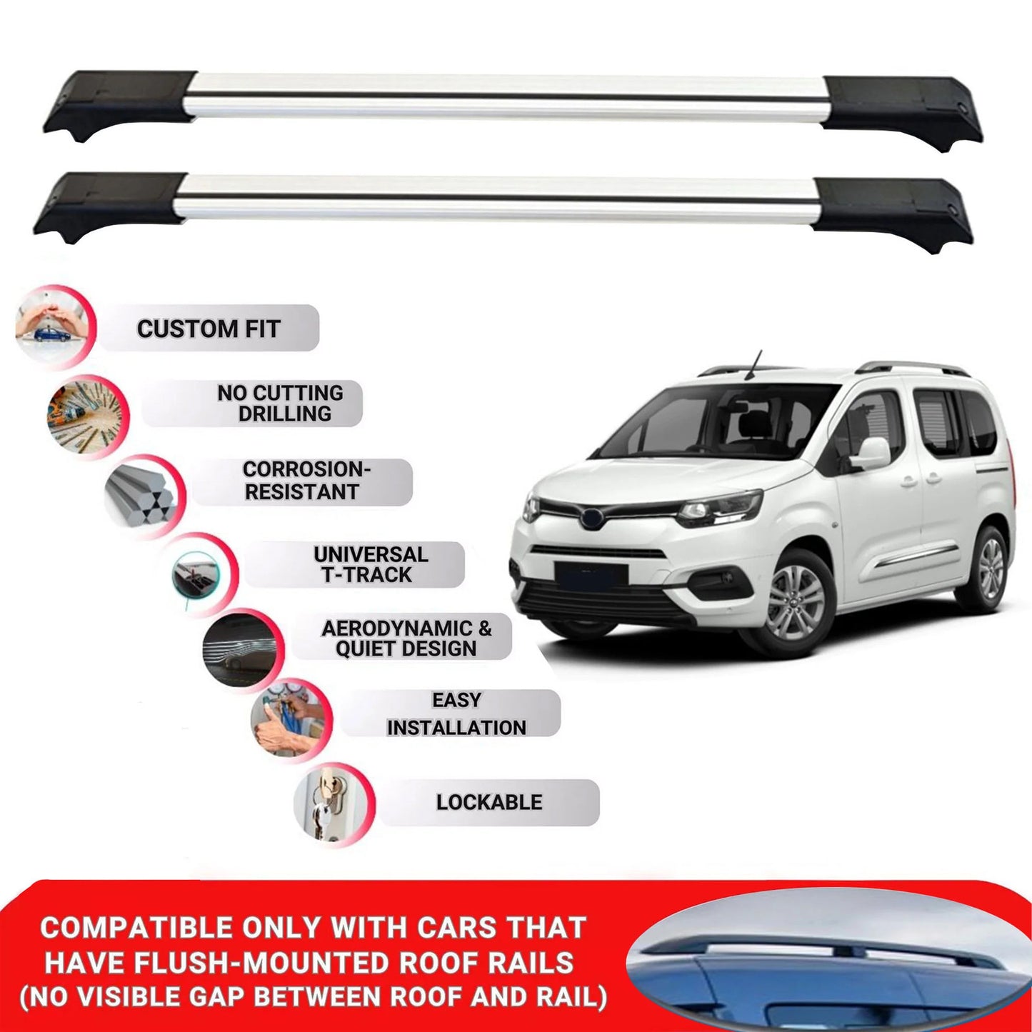 2X Car Roof Rack Cross Bars for Toyota Proace City 2019+ Lockable Roof Bars Grey