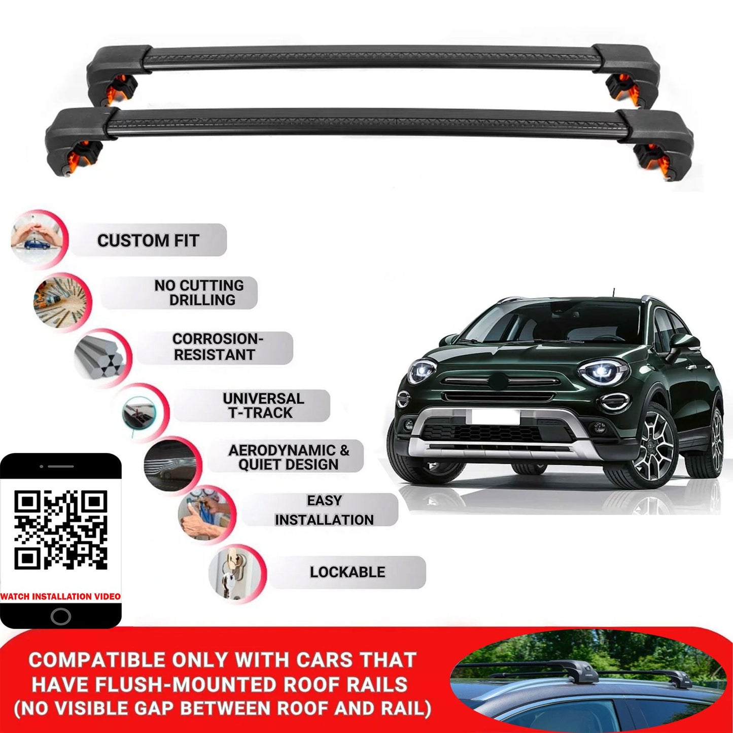 Premium Roof Bars For Fiat 500X Suv 2015+ Secure Roof Rack Cross Bar 2 Pcss Black