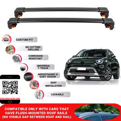 Premium Roof Bars For Fiat 500X Suv 2015+ Secure Roof Rack Cross Bar 2 Pcss Black