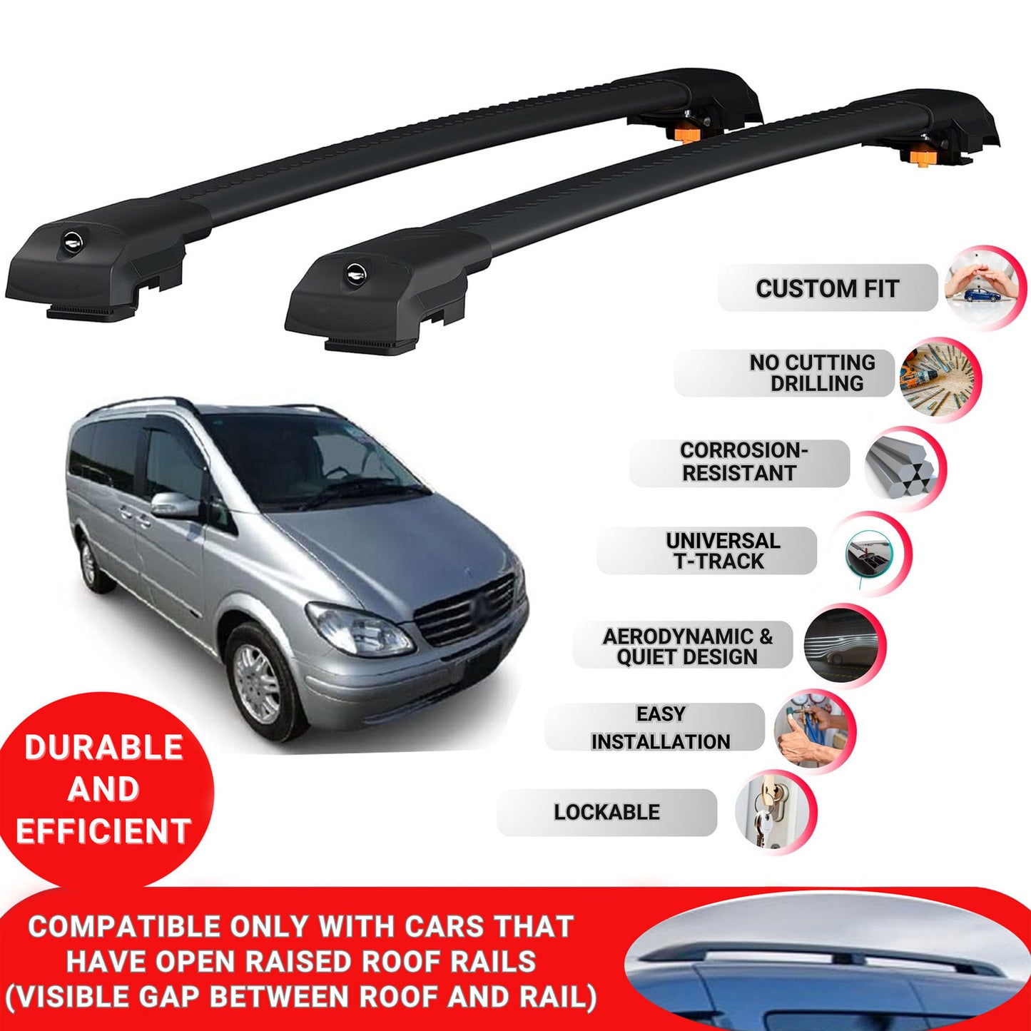 Roof Bar for Mercedes Viano W639 2003-2014 Lockable Roof Rack Cross Bars 2 Pcs Black