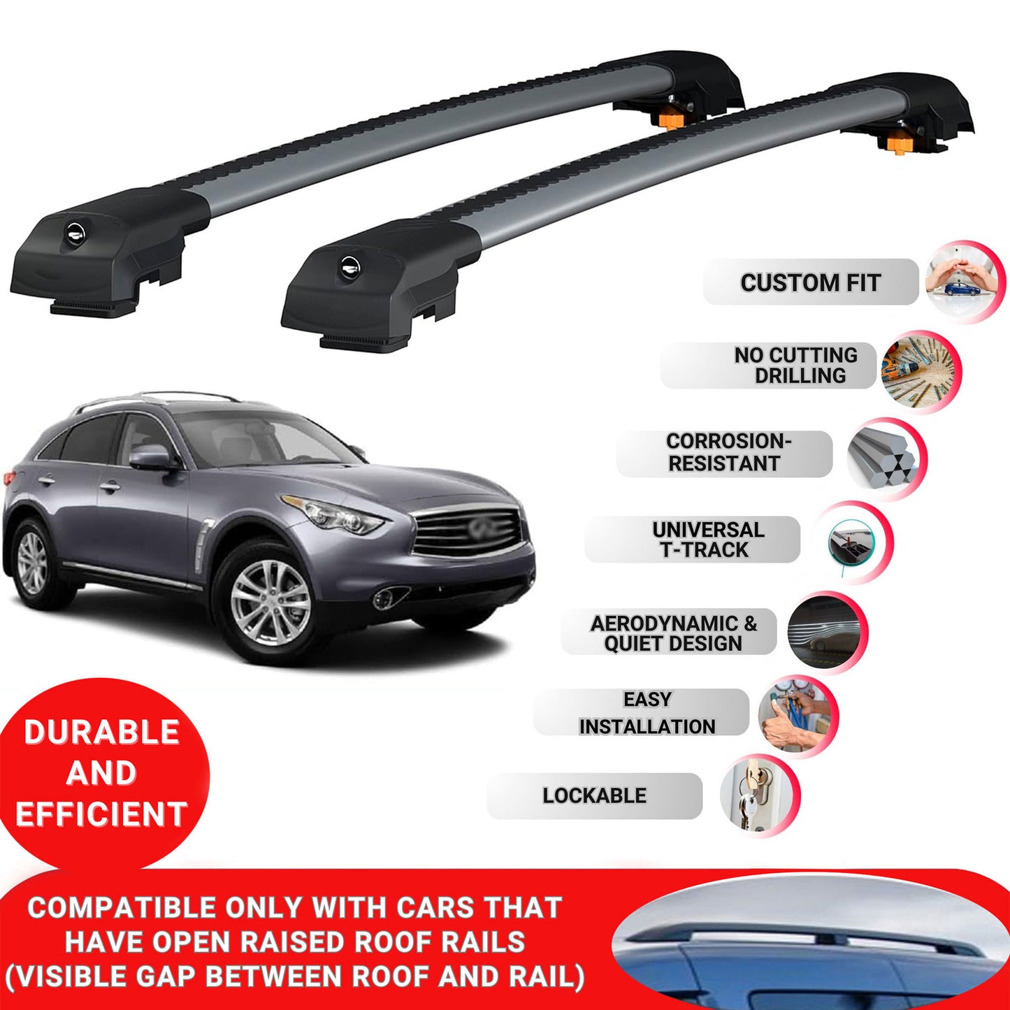 Roof Bar for Infiniti Fx S51 2008-2013 Lockable Roof Rack Cross Bars 2 Pcs Grey