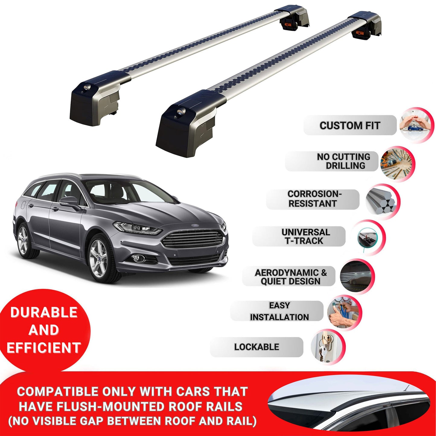 Roof Bars Rack for Ford Mondeo Estate 2015-2022 Lockable Rail Carrier 2 Pcs Grey