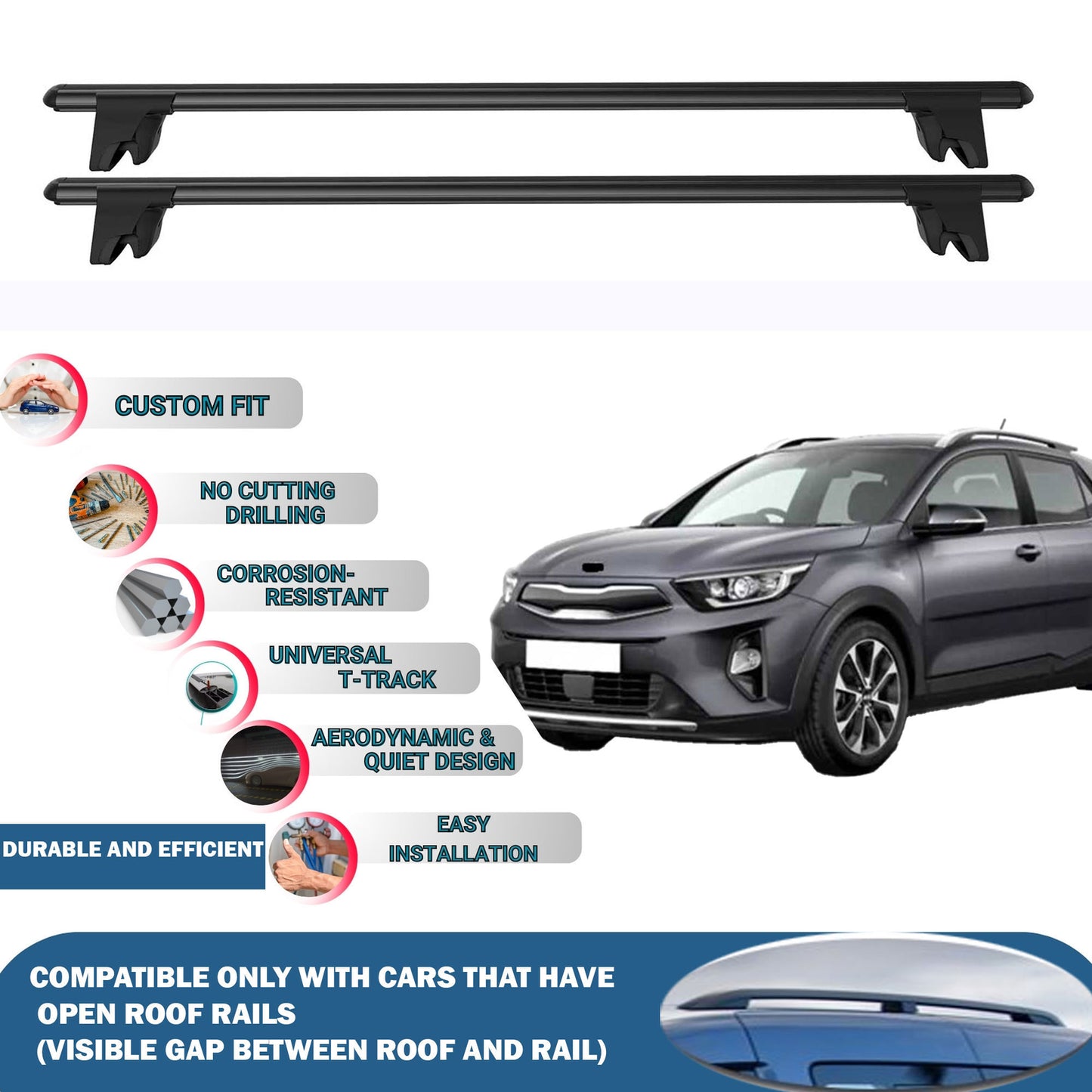 Lockable Roof Rack Cross Bars for Kia Stonic 2017-2023 | Heavy Duty Rail Carrier 2 Pcs Black