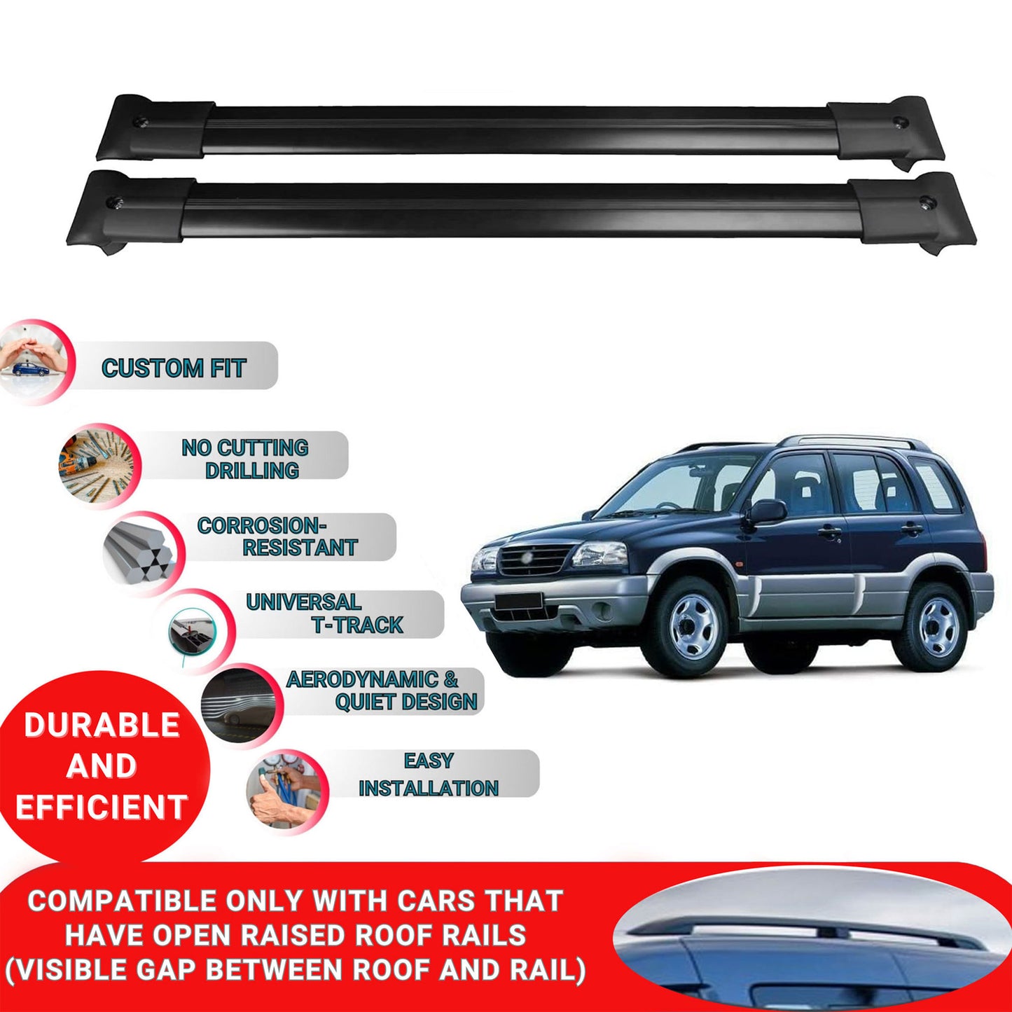 Roof Racks Cross Bars For Suzuki Vitara 1998-2006 2 Pcs Black