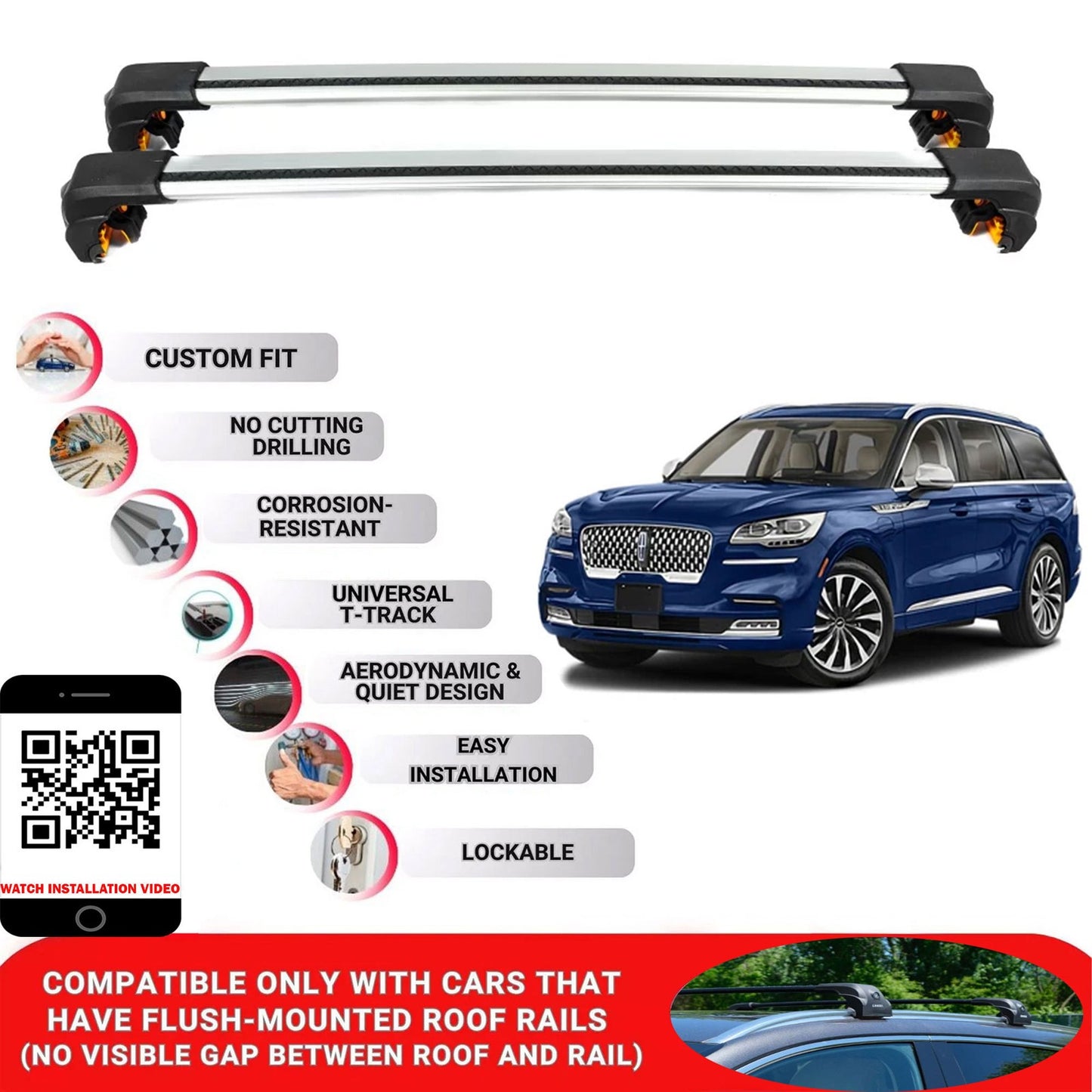 Premium Roof Bars For Lincoln Aviator Suv 2019-2024 Secure Roof Rack Cross Bar 2 Pcss Grey