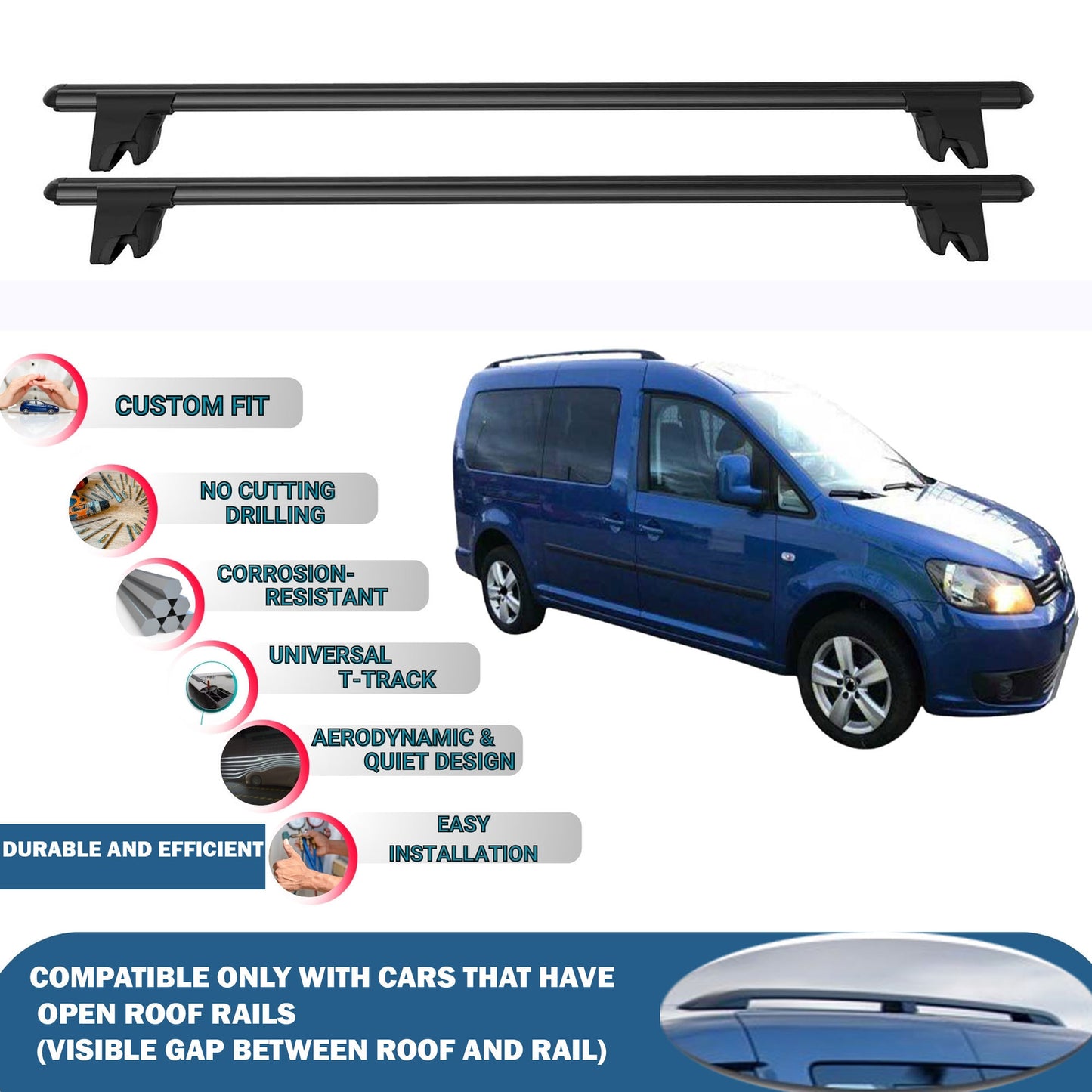 Car Roof Rack Cross Bars for Vw Caddy Maxi 2007-2015 Kayak Roof Rack 4 Pcs Black