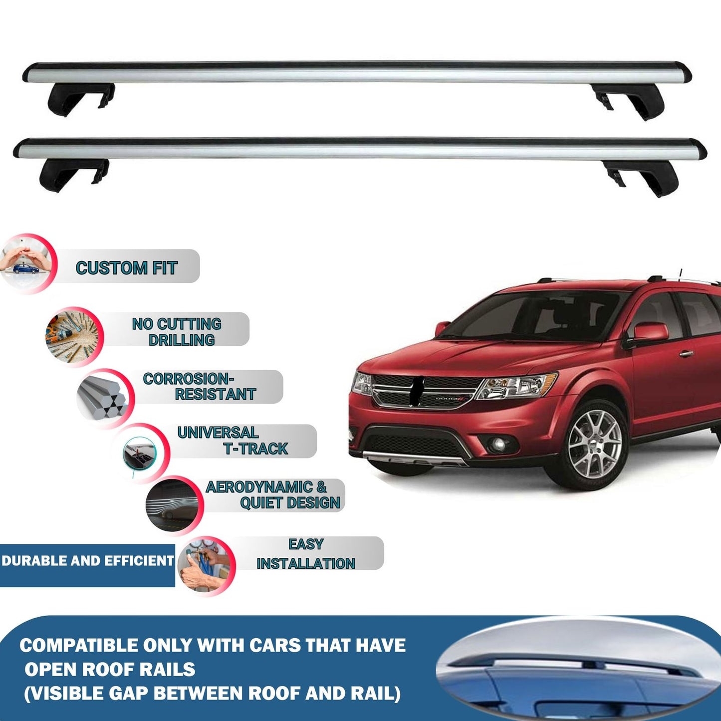 Roof Rack Cross Bars for Dodge Journey 2009-2020 Rail Carrier for Roof Tents 2 Pcs Grey
