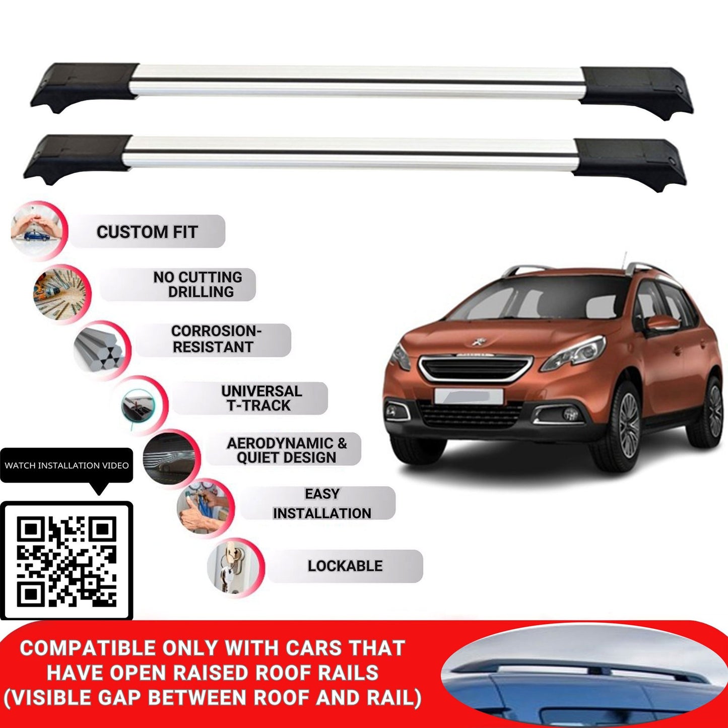 Roof Rack Cross Bars for Peugeot 2008 2013-2019 Lockable Roof Bars 2 Pcs Grey
