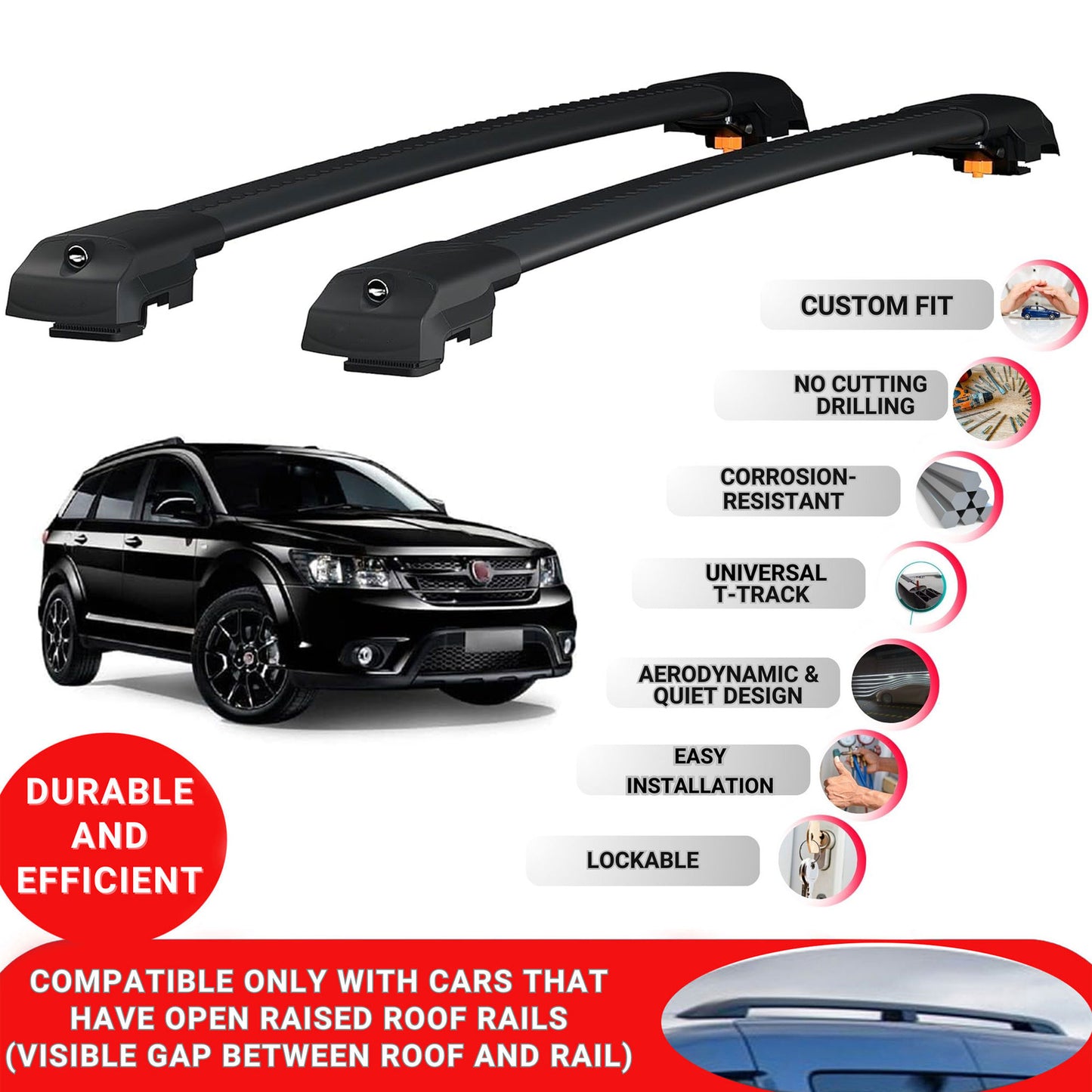 Roof Bar for Fiat Freemont 2011-2015 Lockable Roof Rack Cross Bars 2 Pcs Black