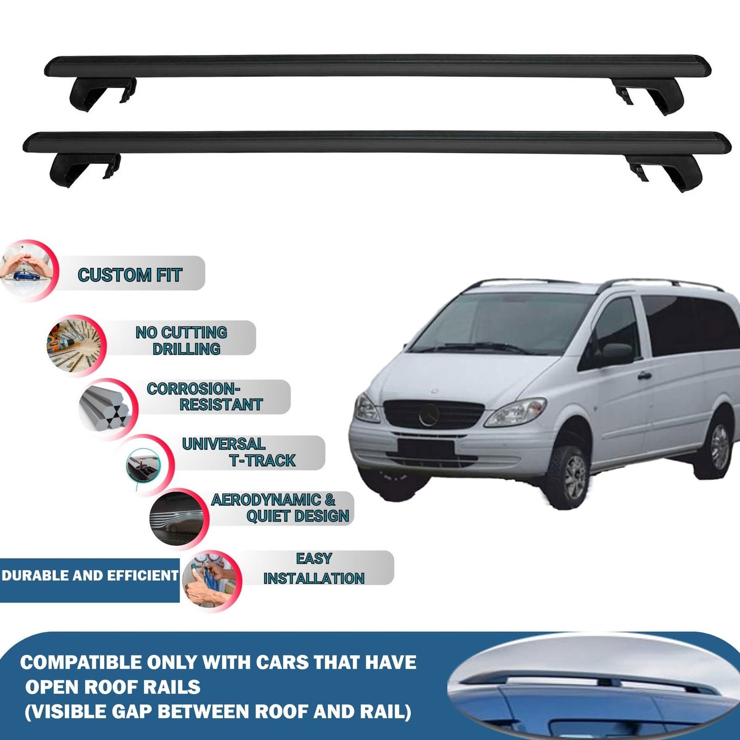 Roof Rack Cross Bars for Mercedes Benz Vito W638/W639 2003-2014 Rail Carrier for Roof Tents 4 Pcs Black