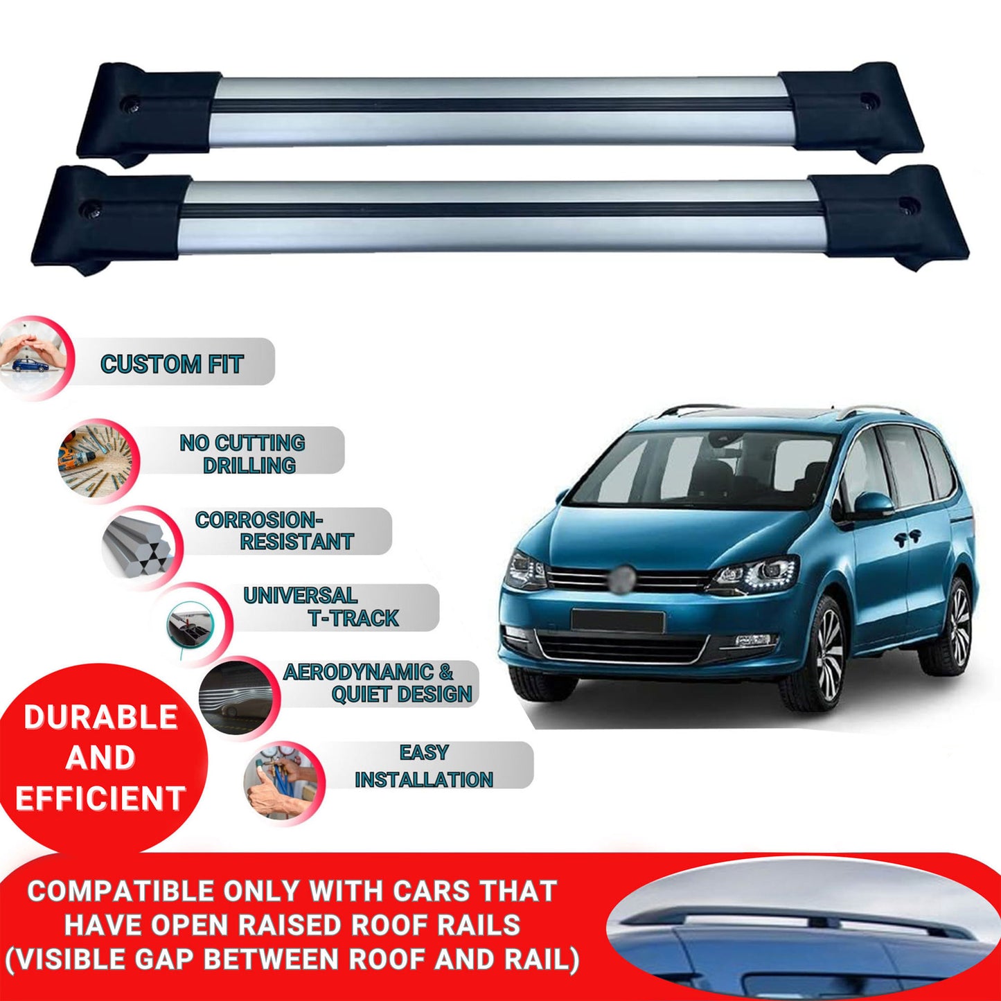 Roof Racks Cross Bars For Vw Sharan 2 2010-2022 2 Pcs Grey