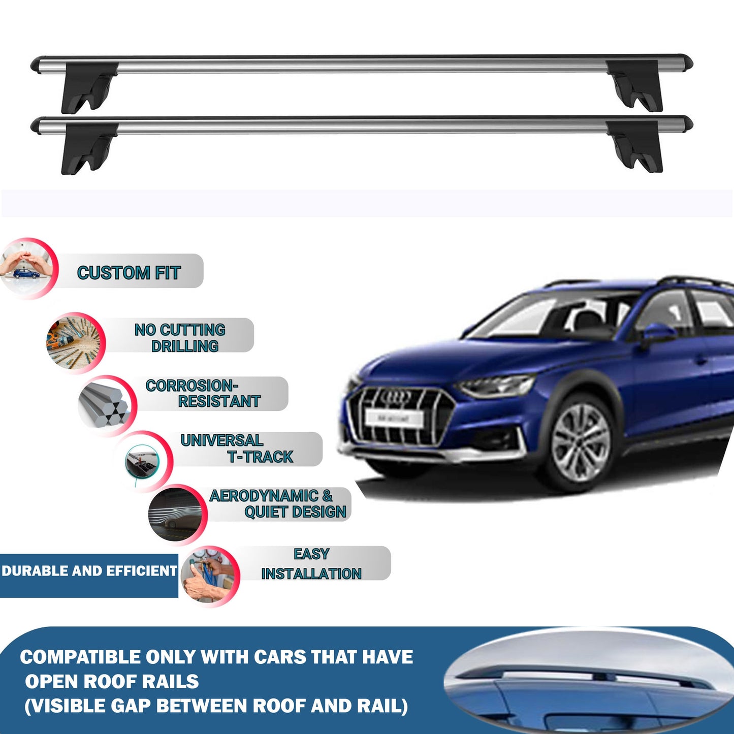 Lockable Roof Rack Cross Bars for Audi A4 Allroad 2016-2023 | Heavy Duty Rail Carrier 2 Pcs Grey