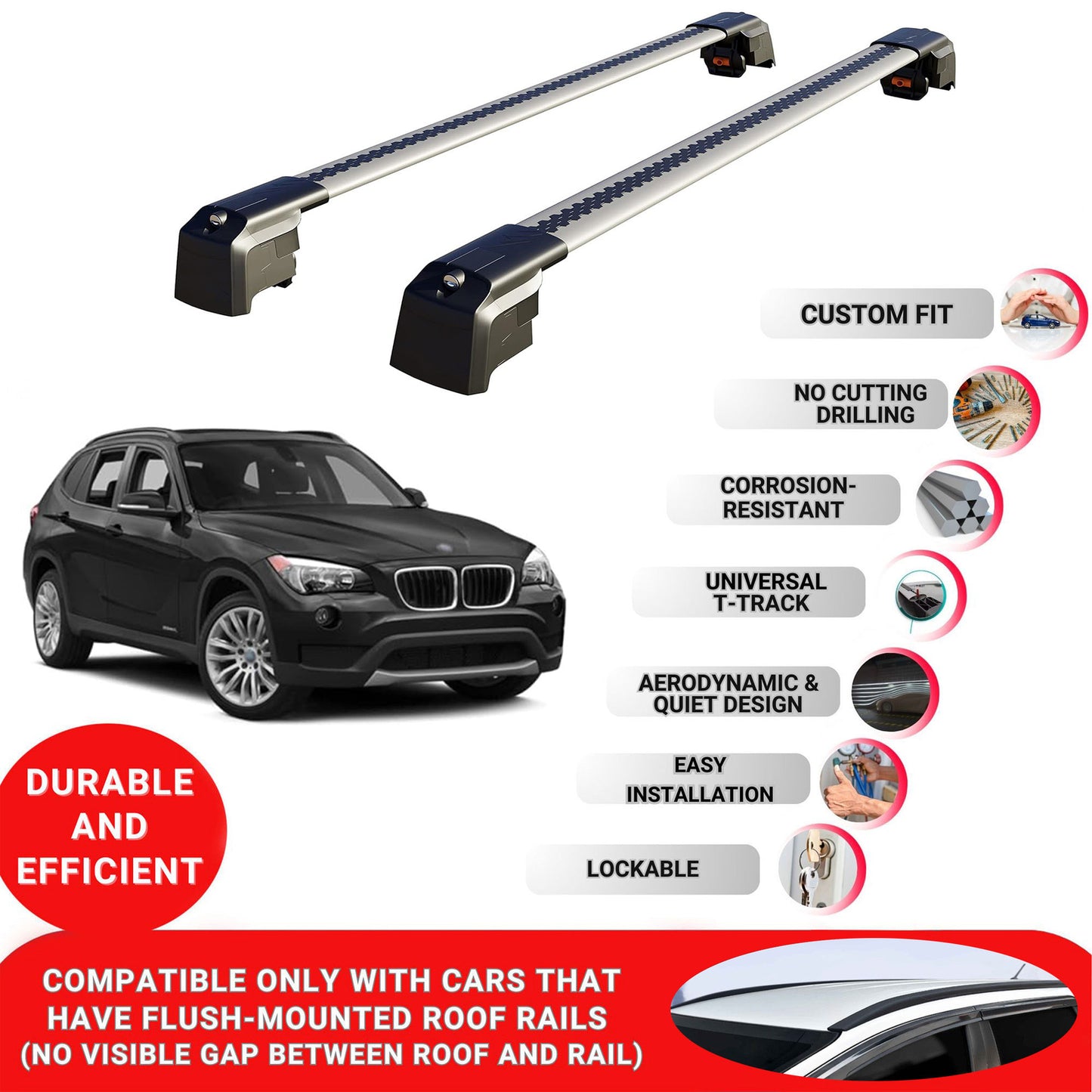 Roof Bars Rack for Bmw X1 (E84) 2009-2015 Lockable Rail Carrier 2 Pcs Grey