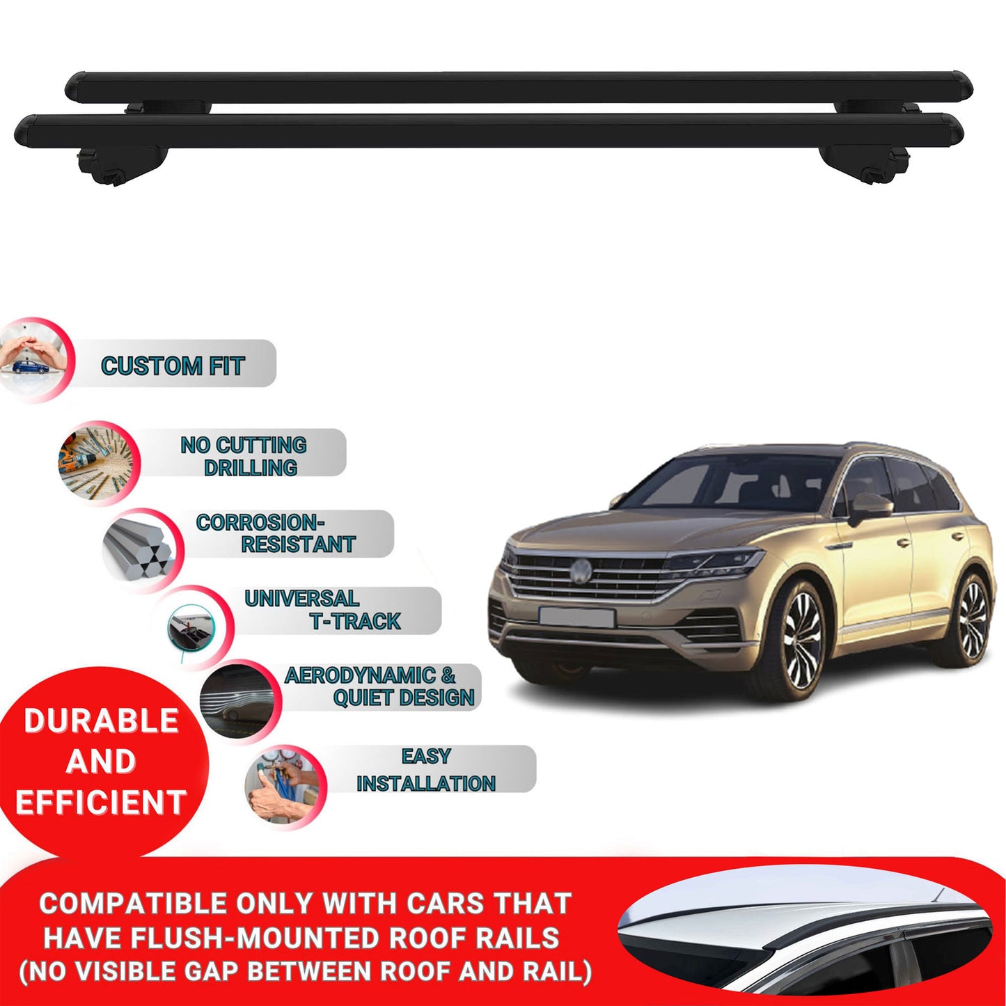 Roof Bars For Volkswagen Touareg 2018-2023 Roof Rack Cross Bars 2 Pcs Black