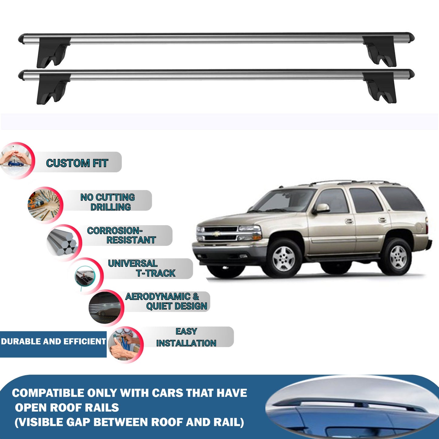 Lockable Roof Rack Cross Bars for Chevrolet Tahoe 2000-2006 | Heavy Duty Rail Carrier 2 Pcs Grey