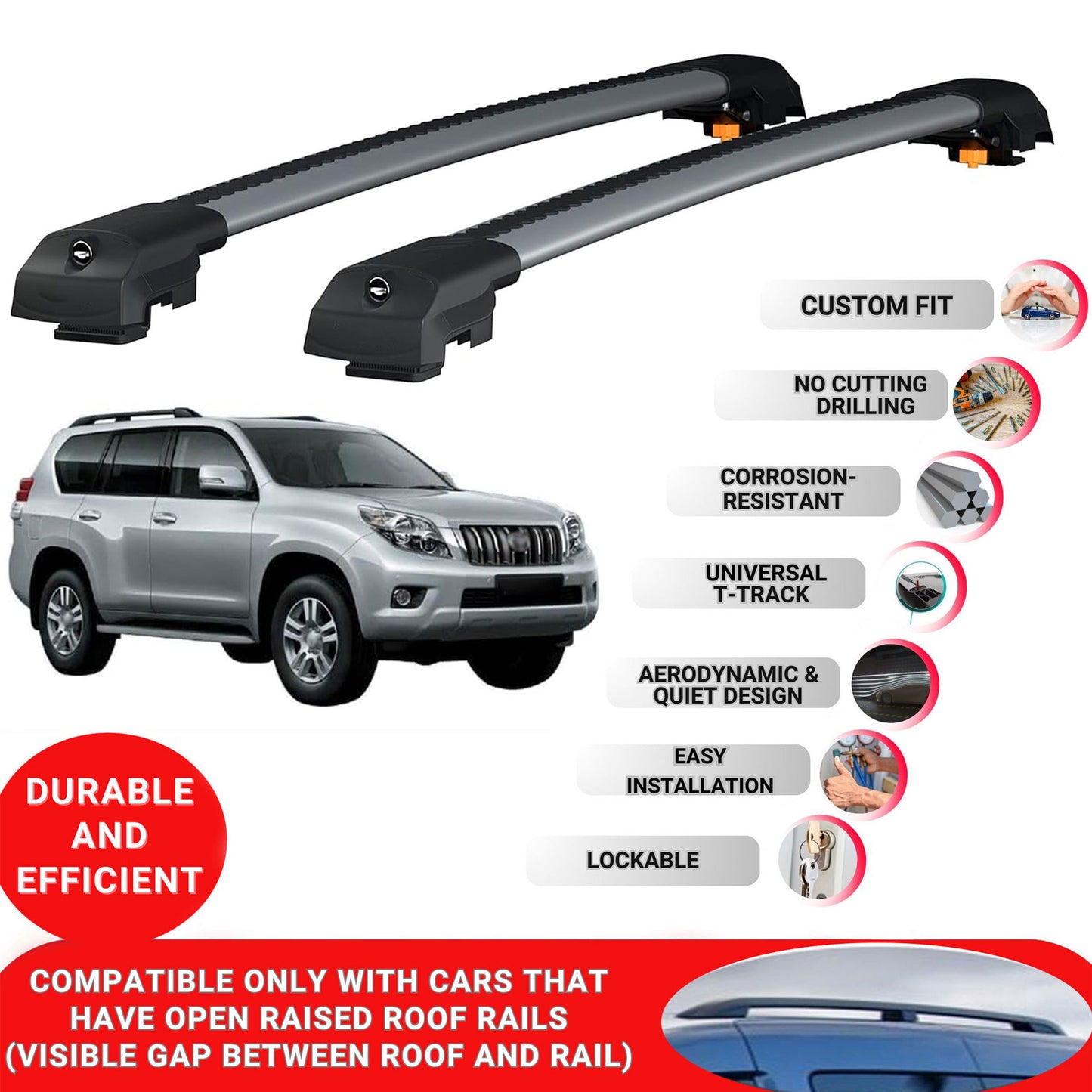 Roof Bar for Toyoya Land Cruiser Prado 2010-2023 Lockable Roof Rack Cross Bars 2 Pcs Grey