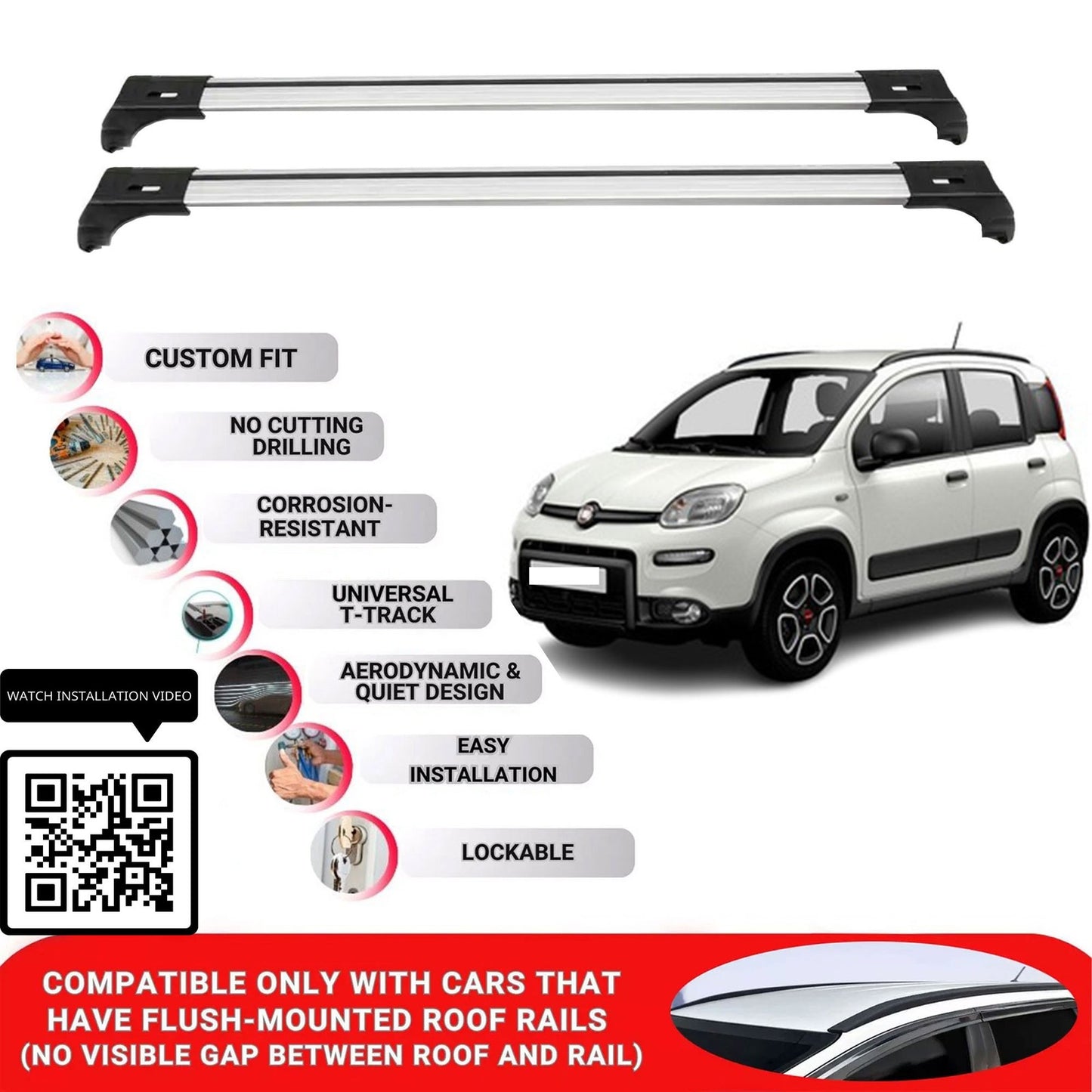 Roof Bars for Fiat Panda 4X4 Hatchback 2012+ Lockable Roof Rack Cross Bars 2 Pcs Grey