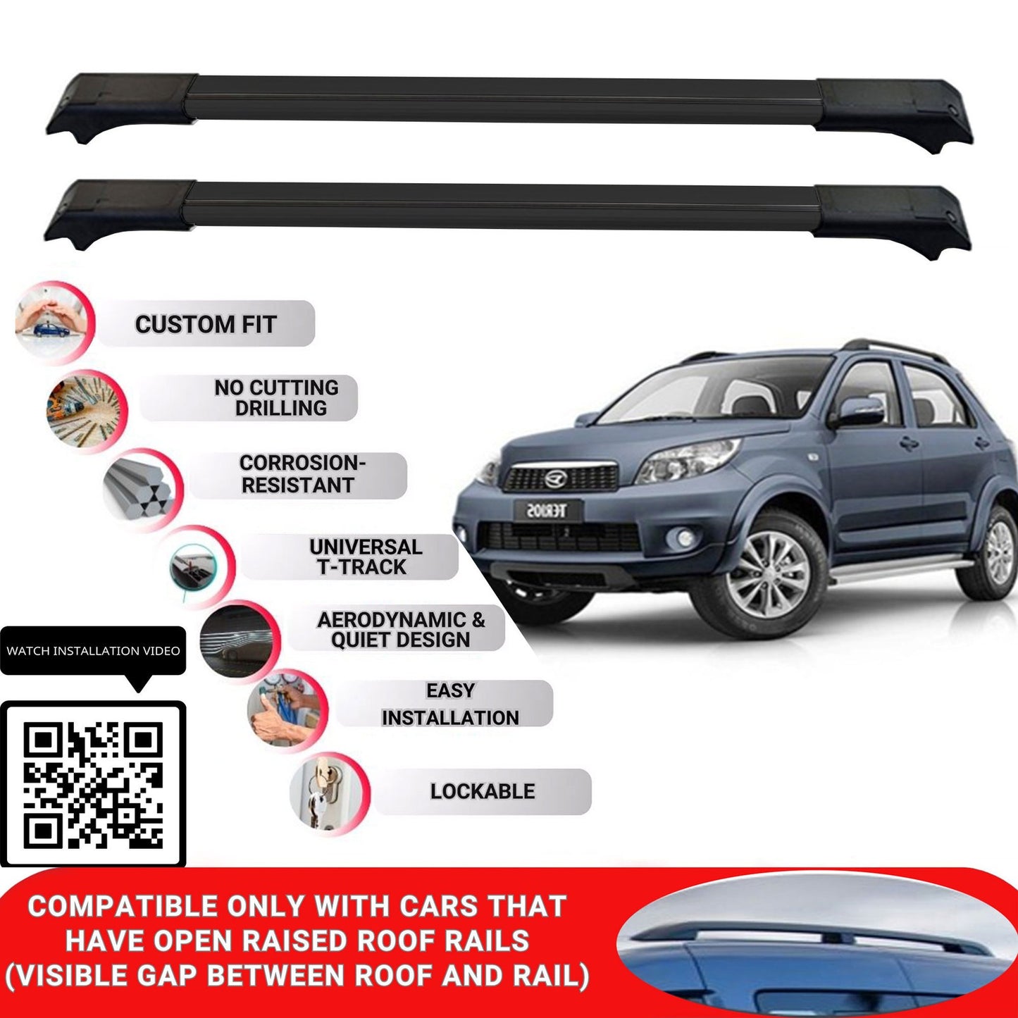 Roof Rack Cross Bars for Daihatsu Terios 2006-2017 Lockable Bars 2 Pcs Black