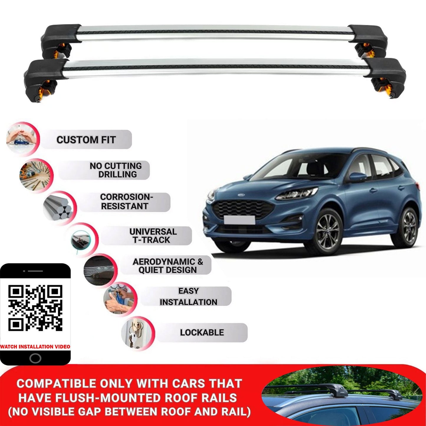 Premium Roof Bars For Ford Kuga 2020+ Secure Roof Rack Cross Bar 2 Pcss Secure Grey