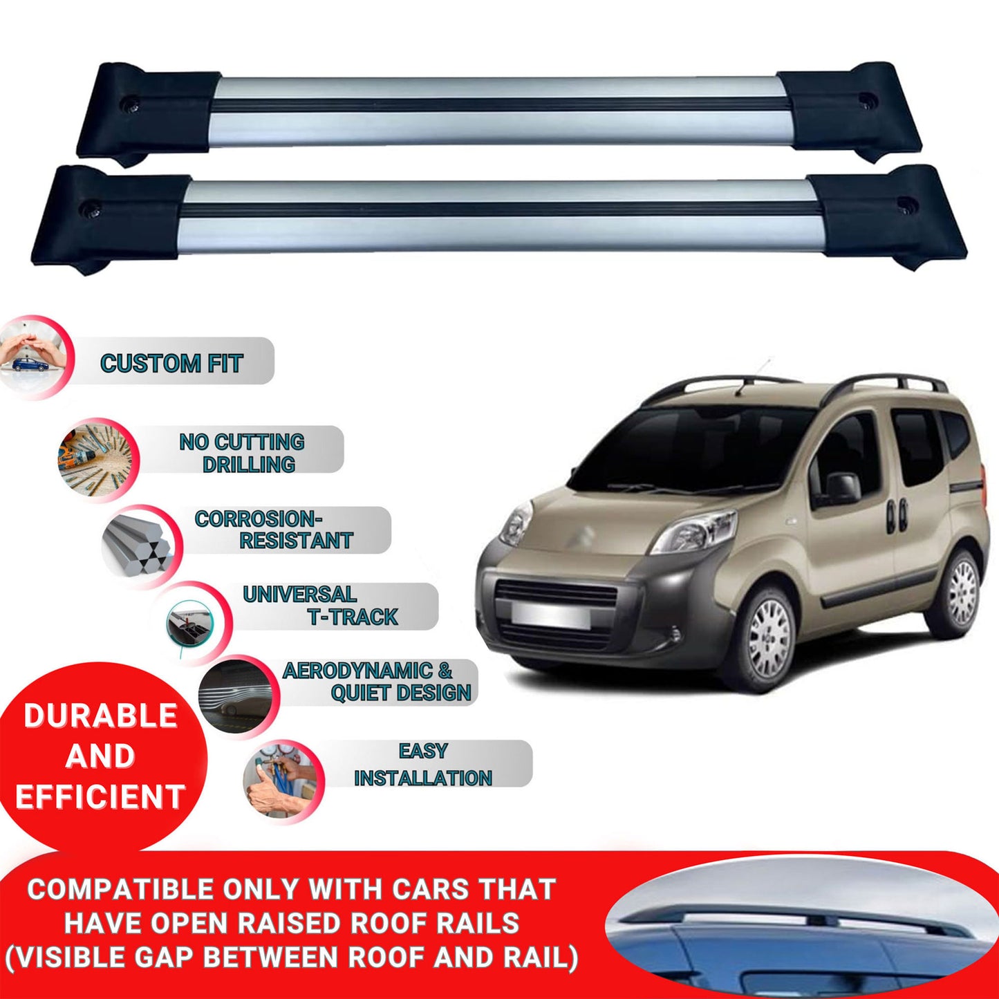 Roof Racks Cross Bars For Citroen Nemo 2007-2017 2 Pcs Grey