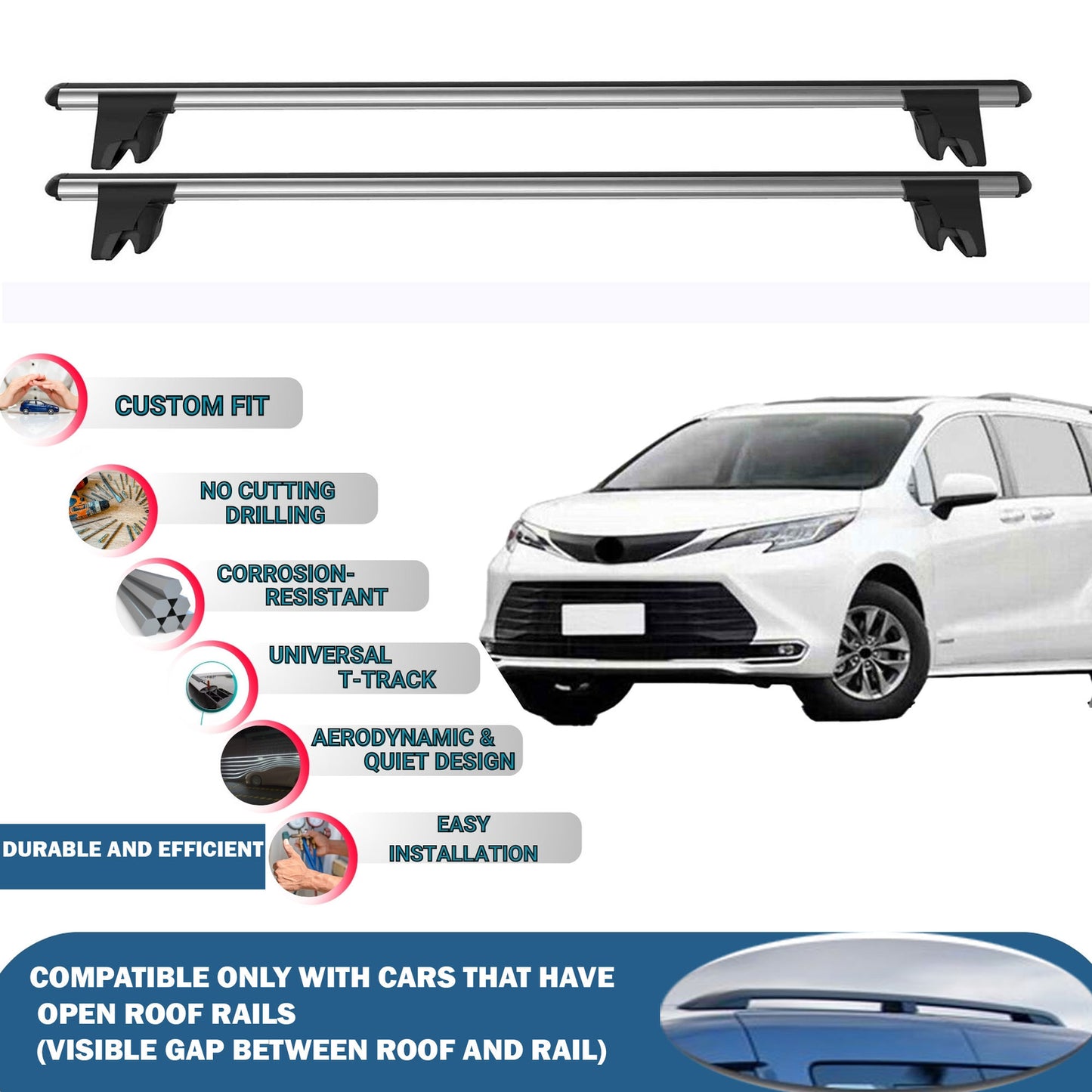 Lockable Roof Rack Cross Bars for Toyota Sienna Mpv Xl 2020-2023 | Heavy Duty Rail Carrier 2 Pcs Grey