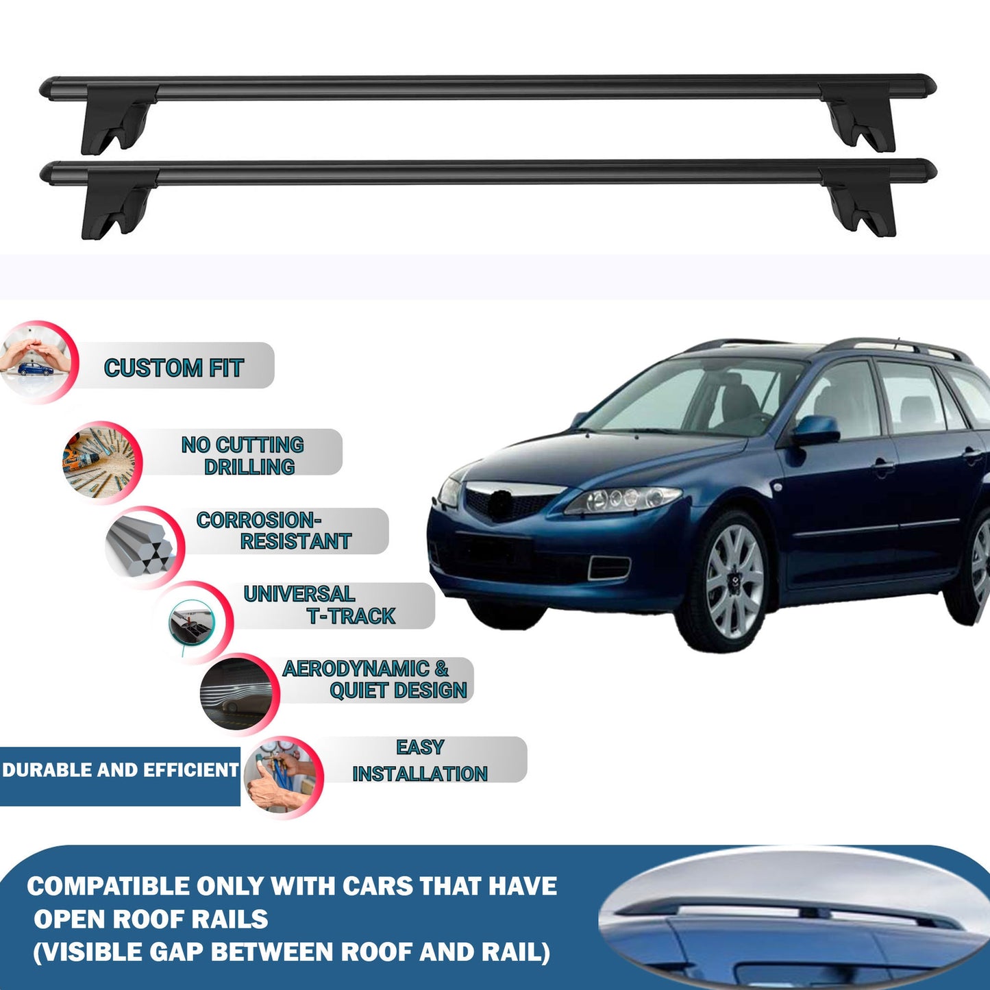 Lockable Roof Rack Cross Bars for Mazda 6 Gg1 Estate 2002-2007 | Heavy Duty Rail Carrier 2 Pcs Black