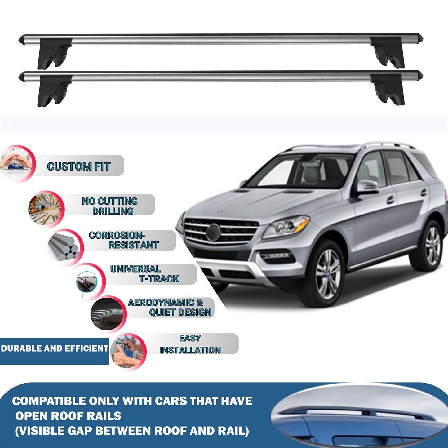 Lockable Roof Rack Cross Bars for Mercedes M-Class W166 2011-2015 | Heavy Duty Rail Carrier 2 Pcs Grey