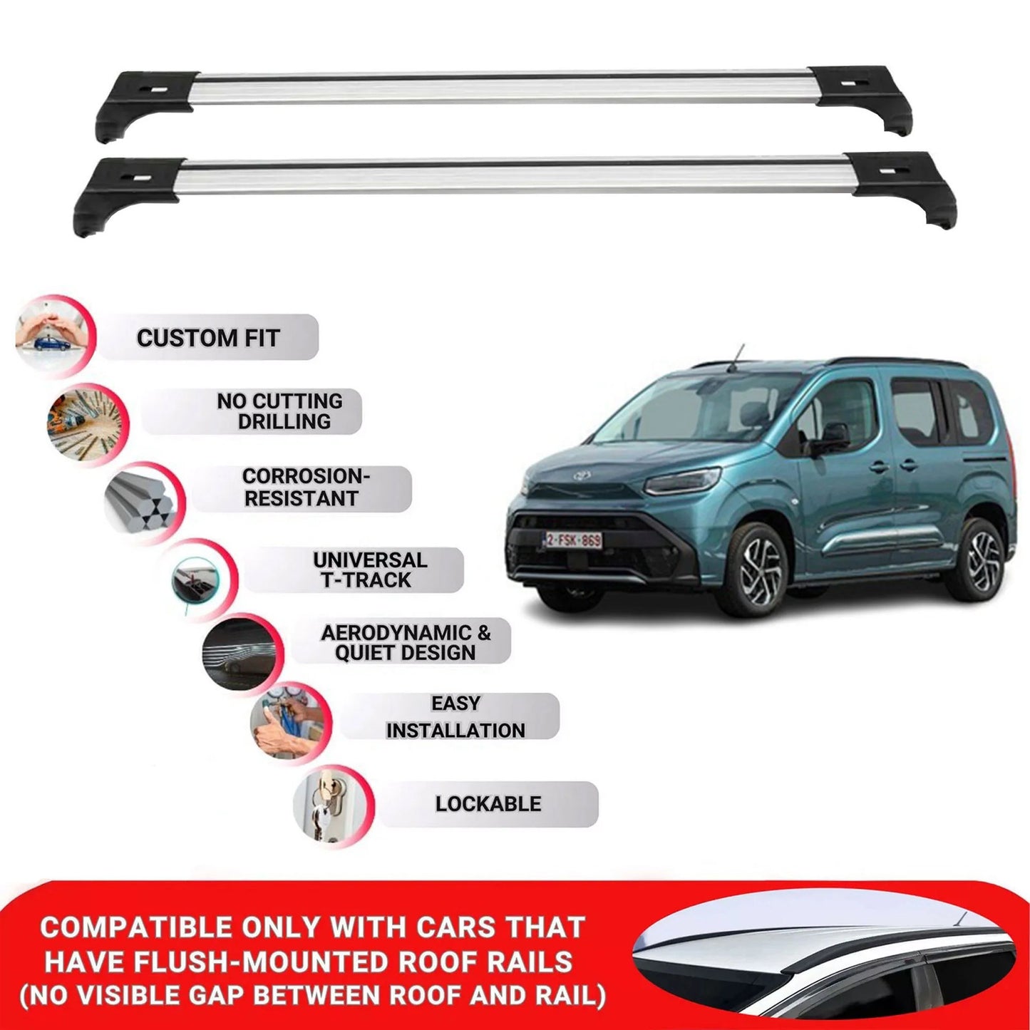 2X Car Roof Bars for Toyota Proace City 2019+ Lockable Roof Rack Cross Bars Grey