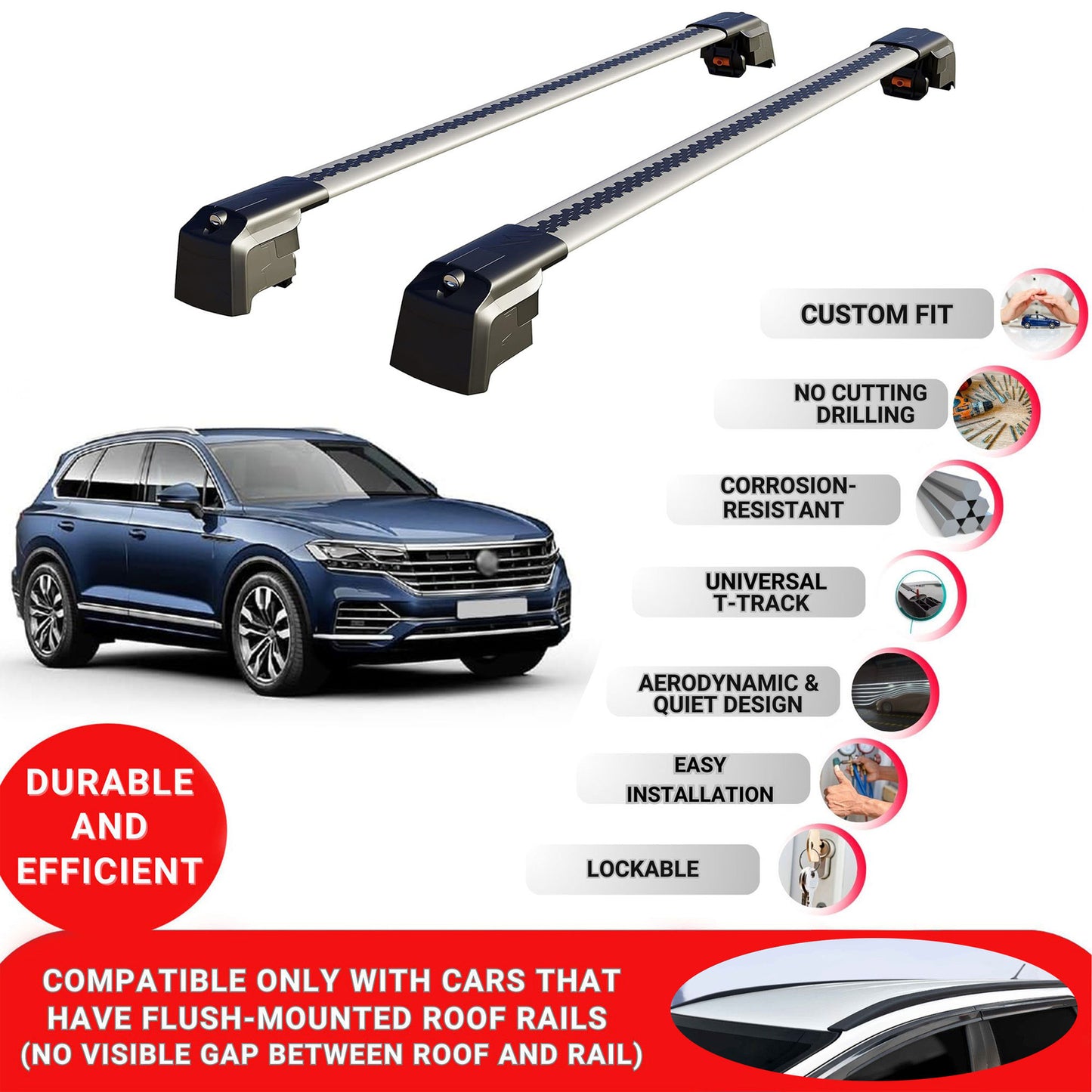 Roof Bars Rack for Volkswagen Touareg (CR) 2019+ Lockable Rail Carrier 2 Pcs Grey